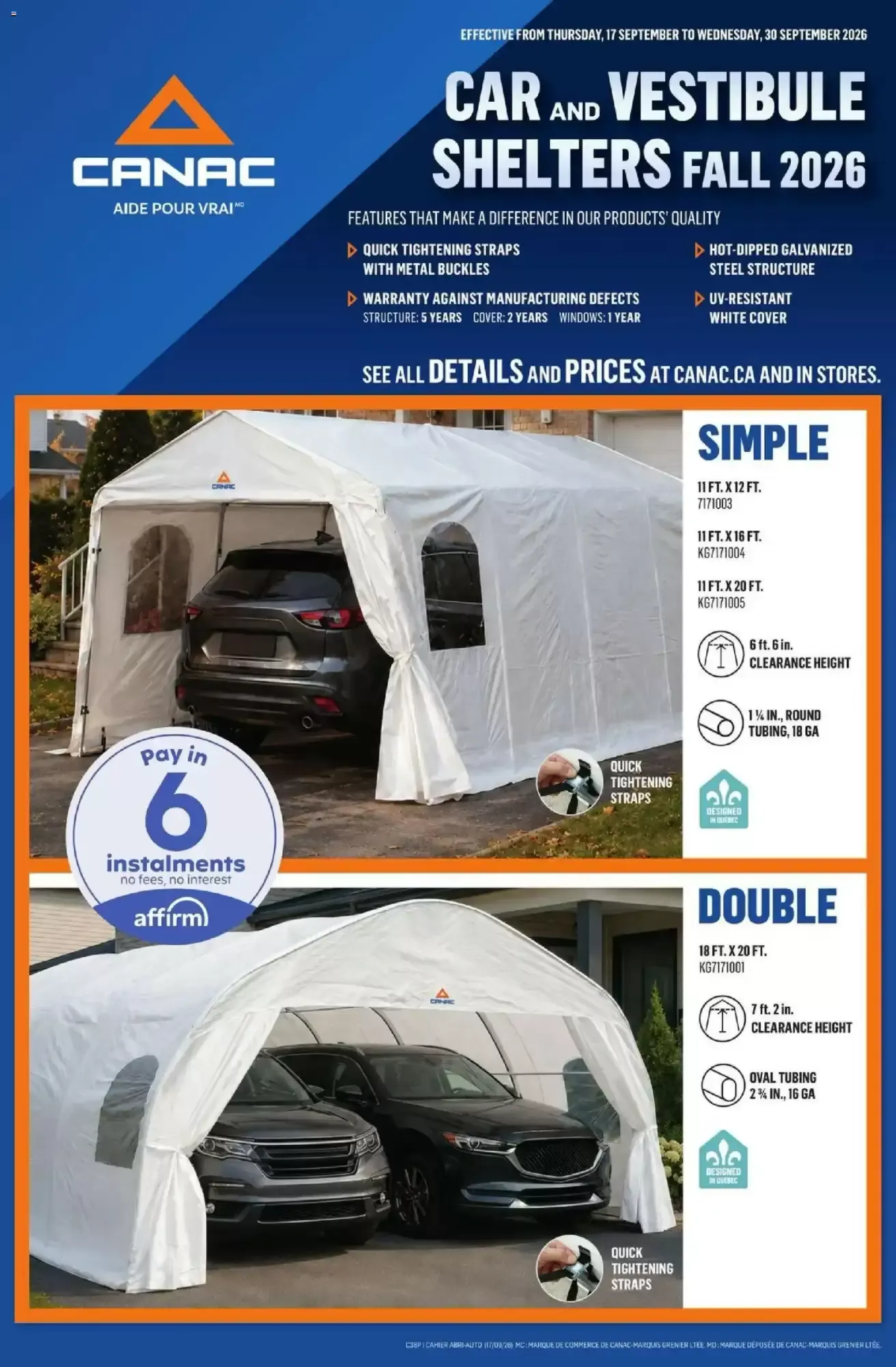 Canac Car and Vestibule Shelters Fall 2026 from September 17 to September 30 2026 - flyer page 1