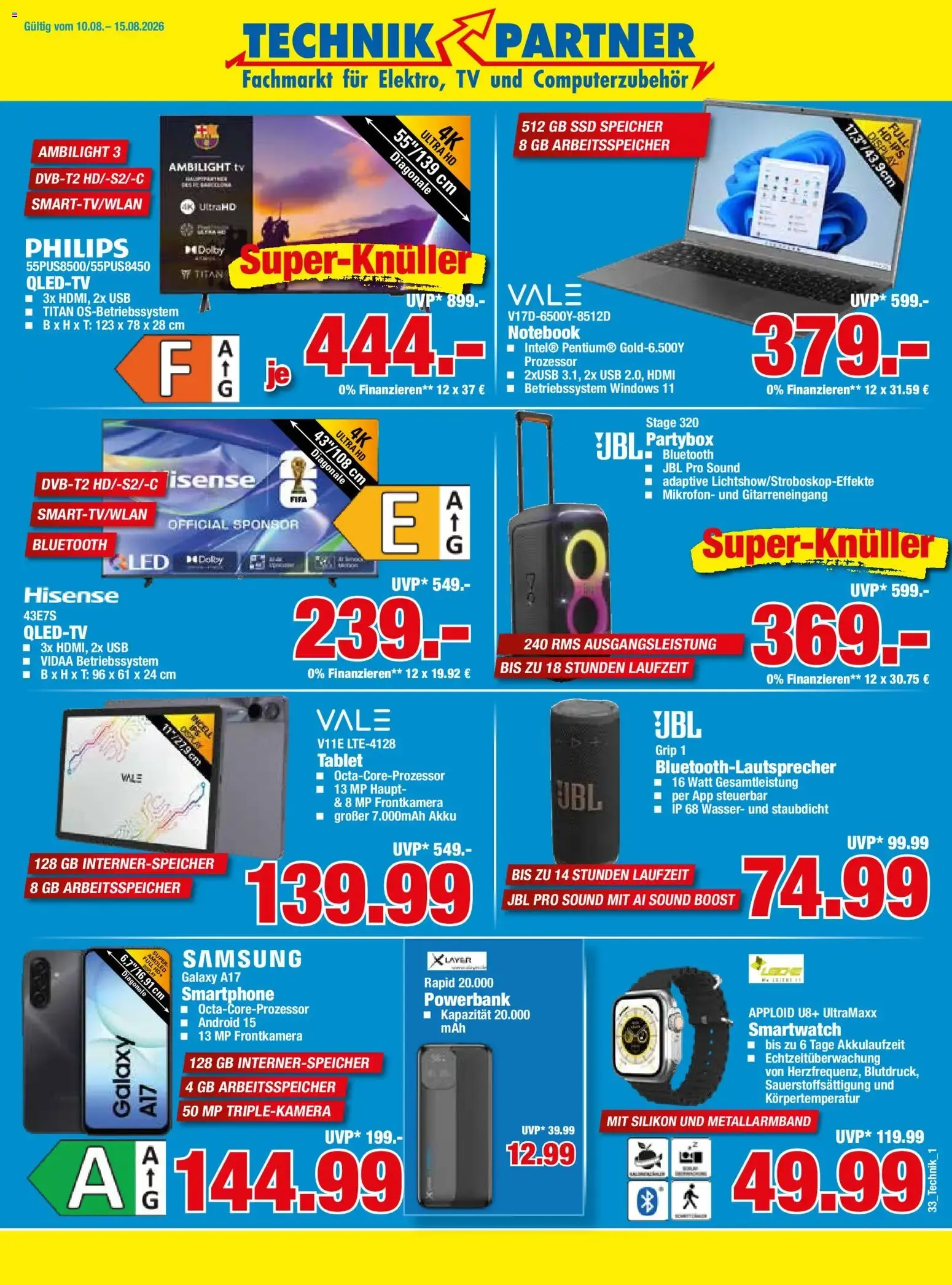 TECHNIK PARTNER Fachmarkt für Elektro, TV und Computerzubehör von 10. August bis 15. August 2026 - Prospekt seite 1