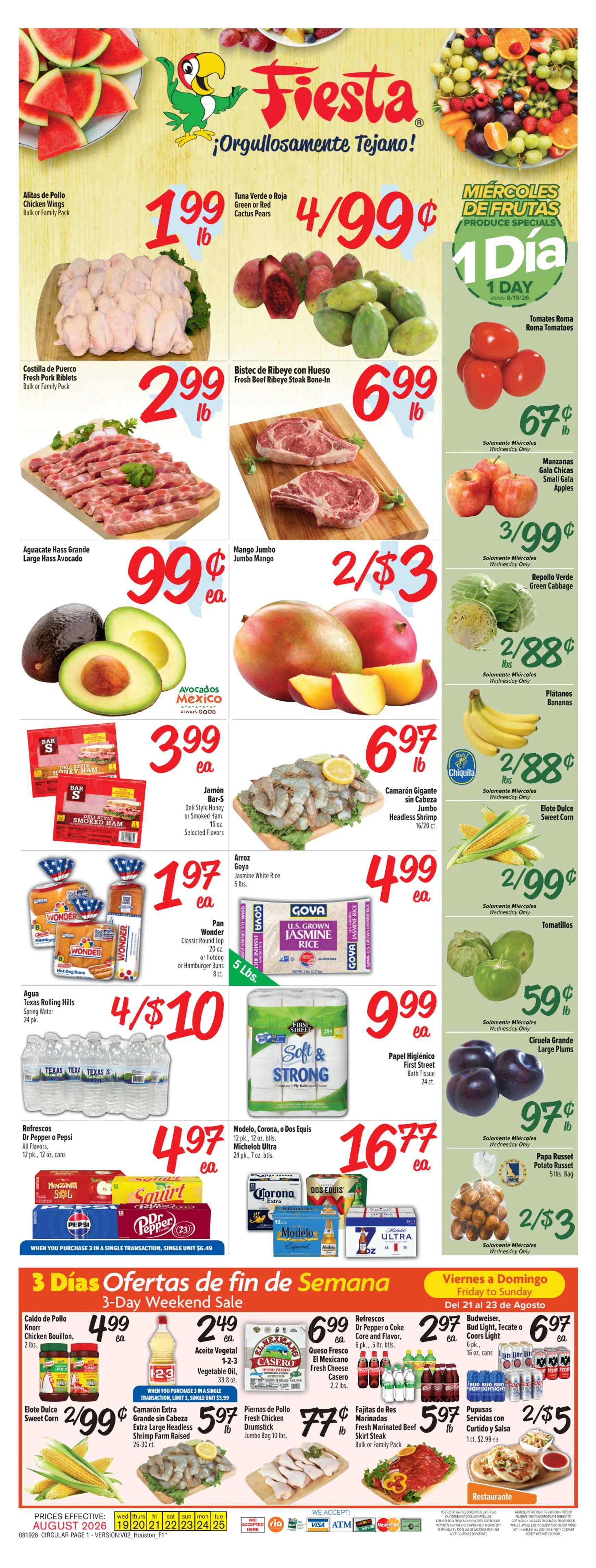 Weekly promotion Current Fiesta Mart leaflet valid from Wednesday 08/19/2026 to Tuesday 08/25/2026 spanning from August 19 to August 25 2026 - Page 1 for Catalogue 365