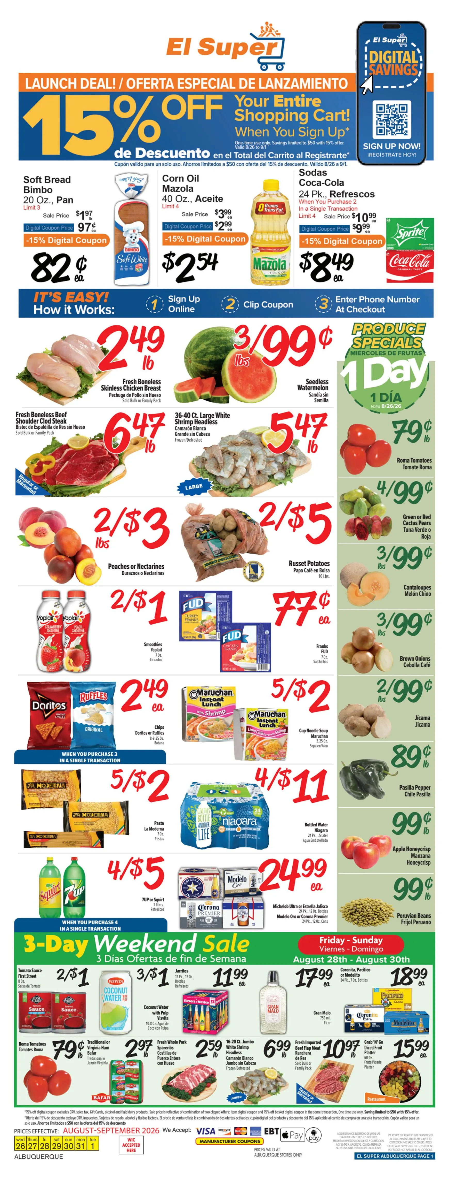 Weekly promotion Current El Super leaflet valid from Wednesday 08/26/2026 to Tuesday 09/01/2026 spanning from August 26 to September 1 2026 - Page 1 for Catalogue 365