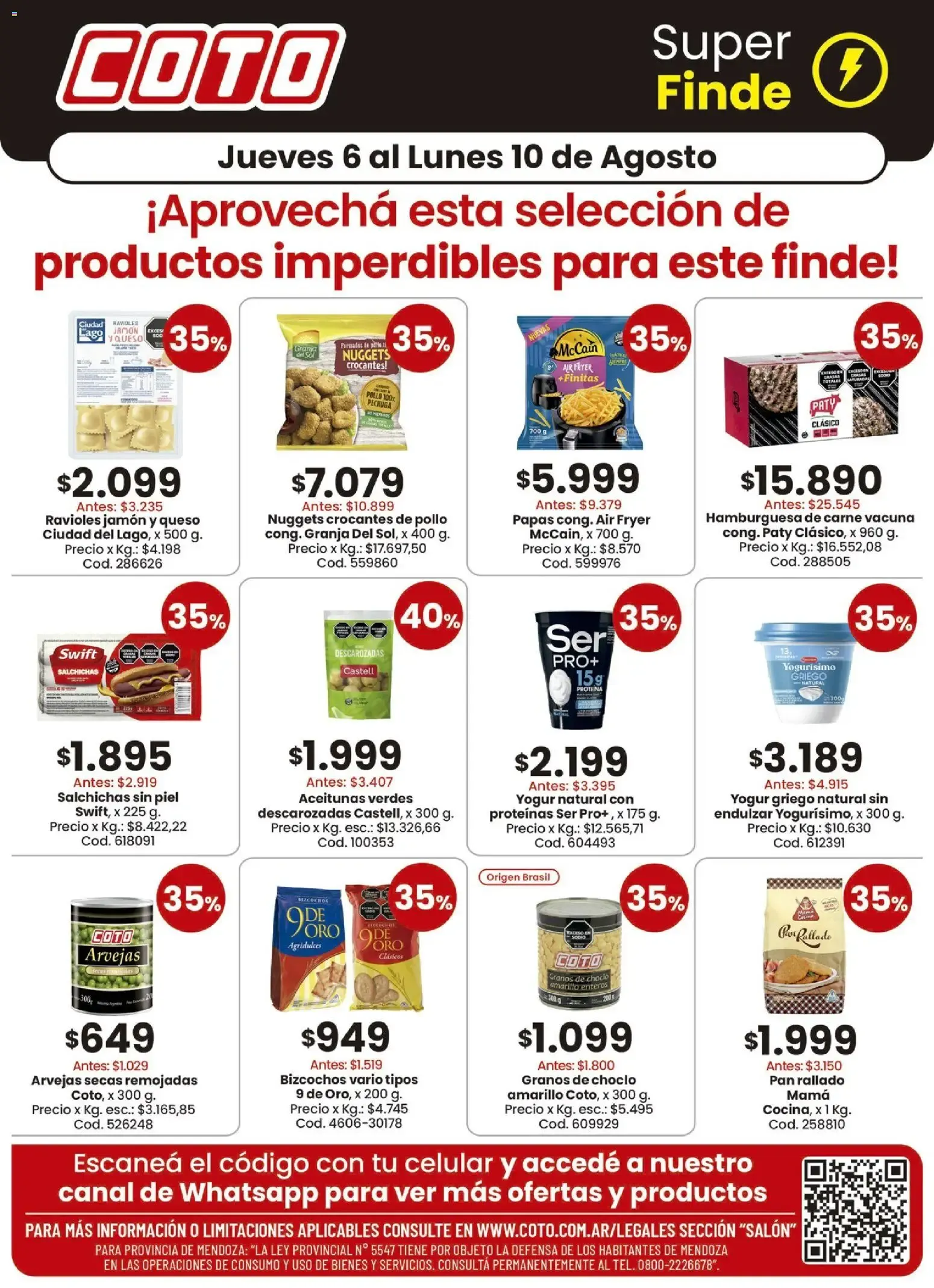 Ofertas de COTO Super Finde: Productos imperdibles. Jueves 6 al Lunes 10 de Agosto. 6 de agosto al 10 de agosto 2026 - Página 1 del catálogo