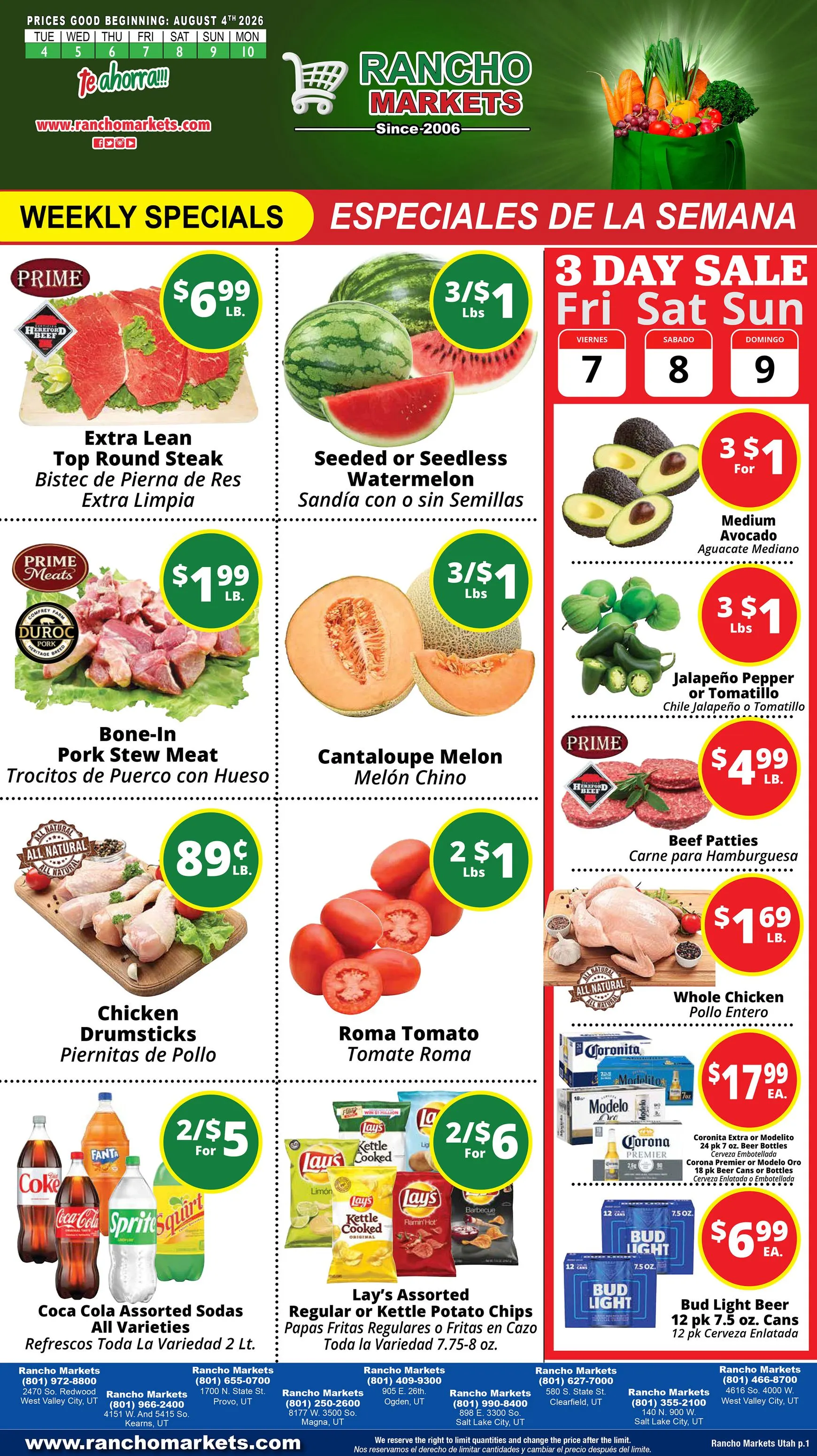 Weekly ad Current Rancho Markets leaflet valid from Tuesday 08/04/2026 to Monday 08/10/2026 from August 4 to August 10 2026 - Page 1