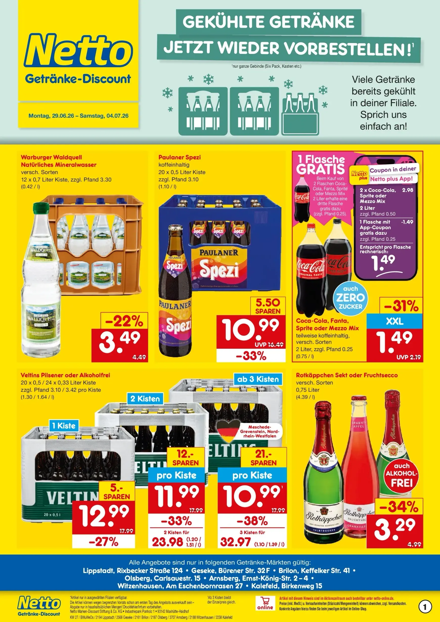 Netto Getränke-Discount - Gekühlte Getränke Jetzt Wieder Vorbestellen! von 29. Juni bis 4. Juli 2026 - Prospekt seite 1