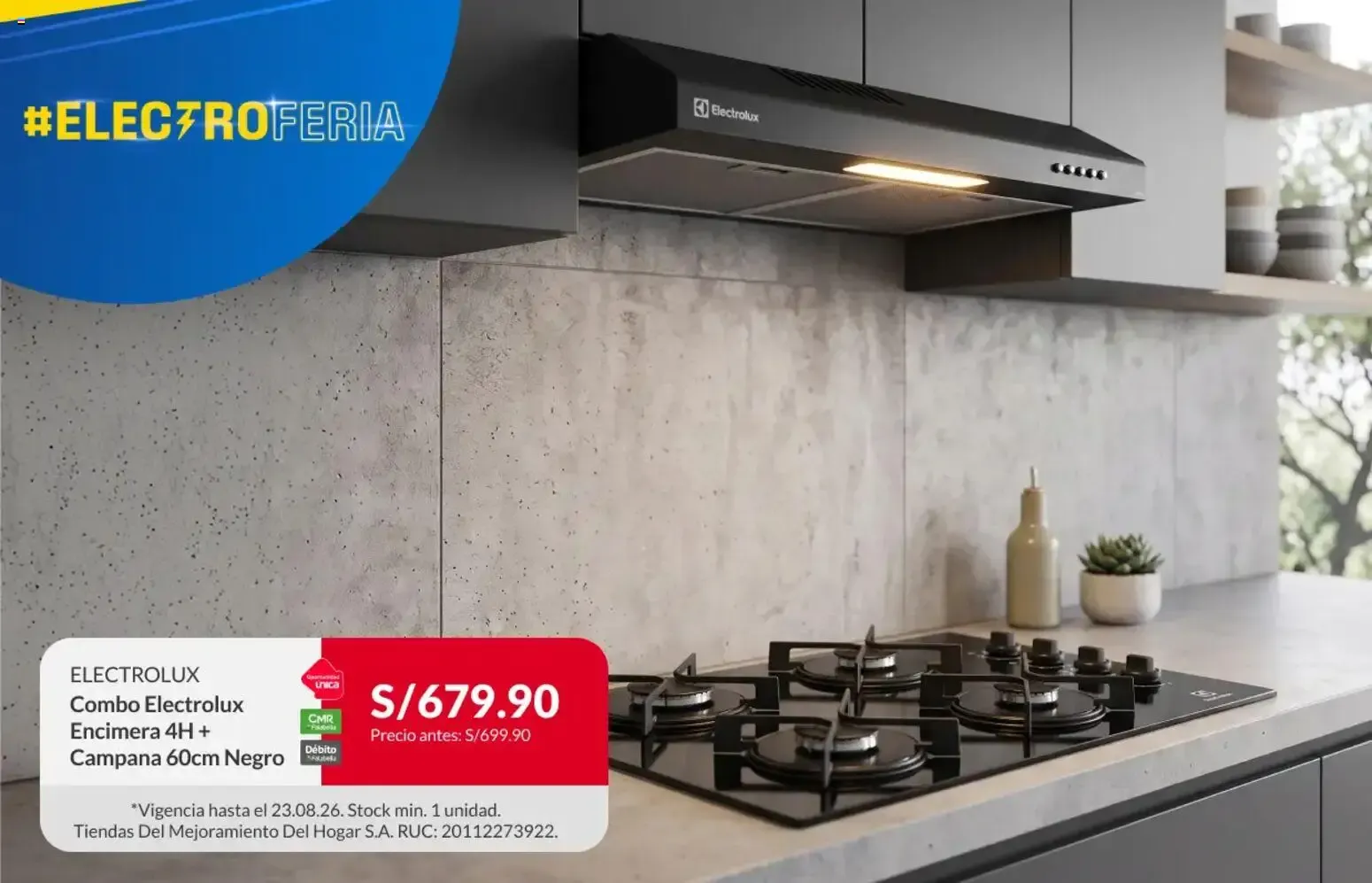 Catalogo de Electroferia: Combo Electrolux Encimera 4H + Campana 60cm Negro 17 de agosto al 23 de agosto 2026 - Pag 1