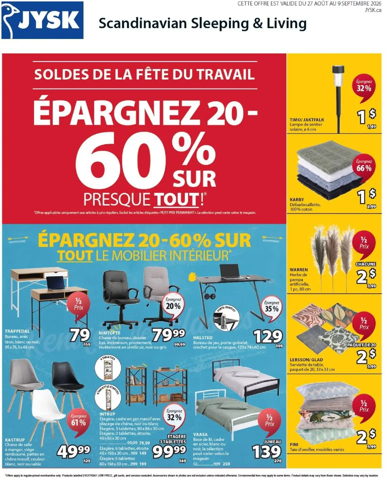 JYSK - Soldes de la Fête du Travail: Épargnez 20-60% from August 27 to September 9 2026 - flyer page 1