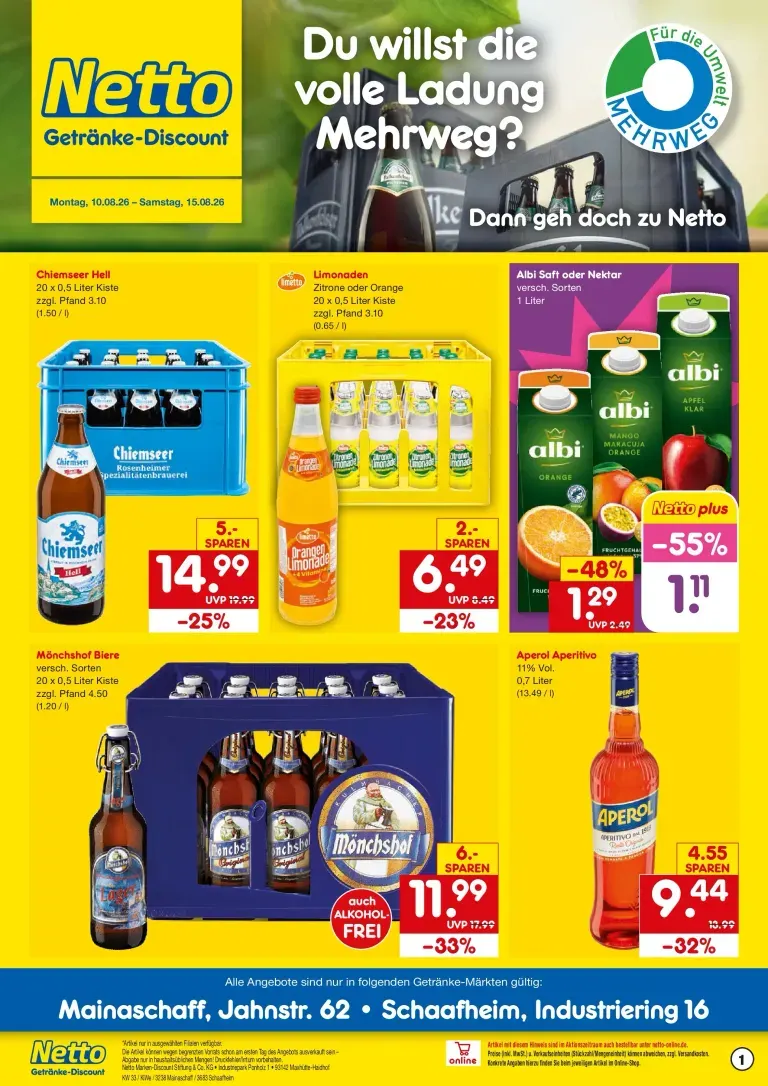 Netto Getränke-Discount: Du willst die volle Ladung Mehrweg? von 10. August bis 15. August 2026 - Prospekt seite 1