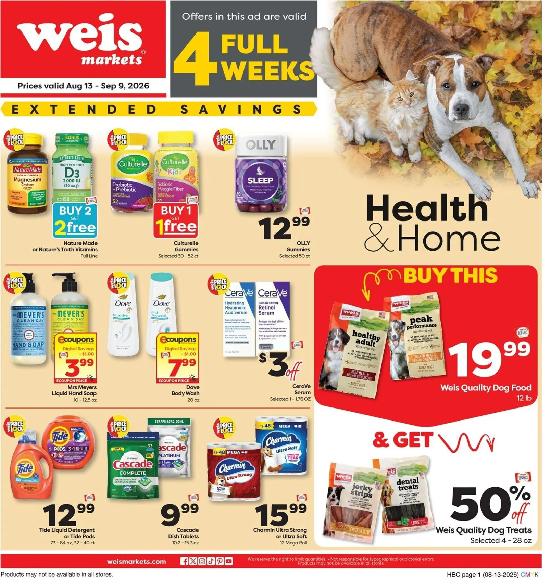 Weekly ad Current Weis Markets - Extended Savings leaflet valid from Thursday 08/13/2026 to Wednesday 09/09/2026 from August 13 to September 9 2026 - Page 1