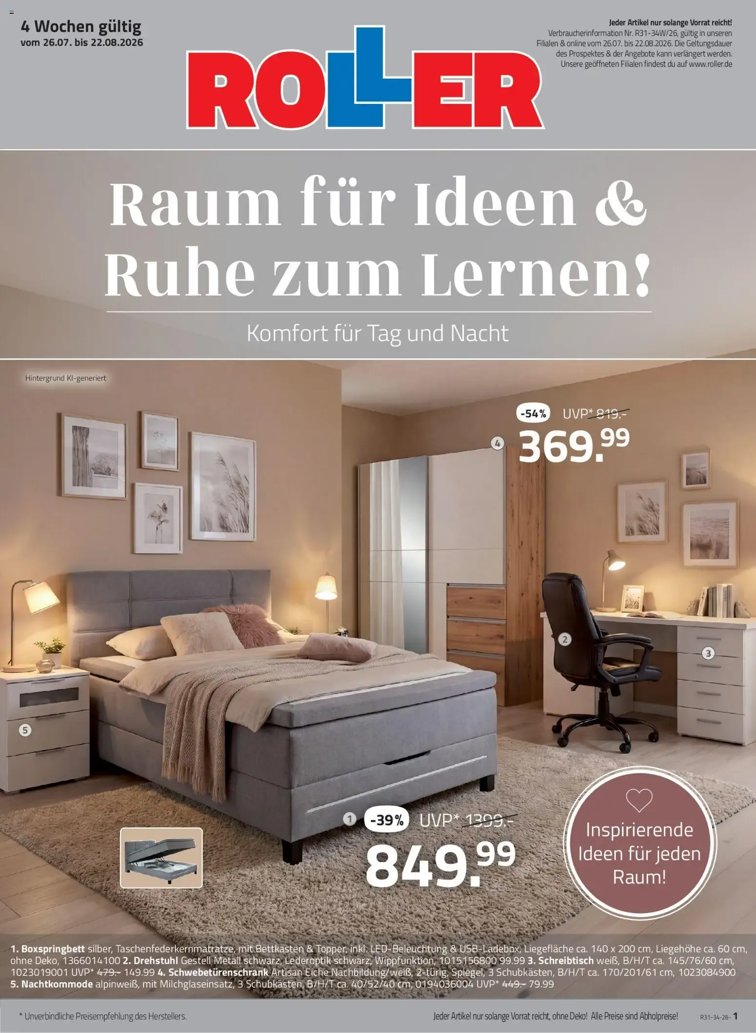 Roller Raum für Ideen & Ruhe zum lernen (ab 26.07.2026) zum Blättern von 26. Juli bis 22. August 2026 - Prospekt seite 1
