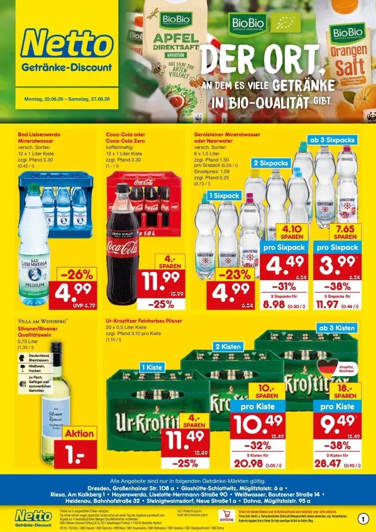 Netto Marken Discount - Dresden, Glashütte-Schlottwitz, Riesa, Hoyerswerda, Weisswasser, Heidenau, Steinigtwolmsdorf, Dohna Prospekt – von Montag 22.06.2026 bis Samstag 27.06.2026 von 22. Juni bis 27. Juni 2026 - Prospekt seite 1
