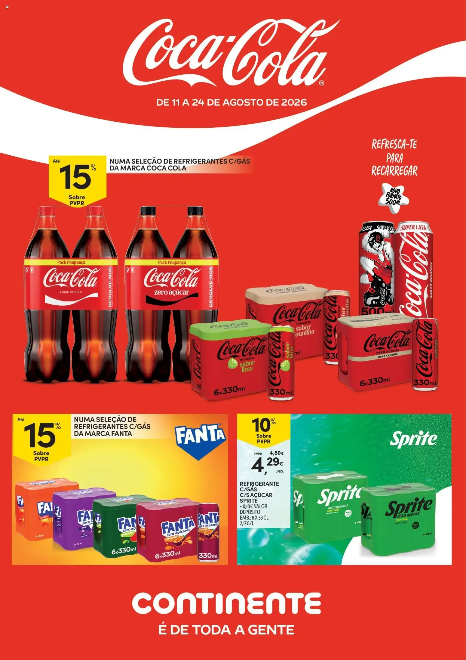 Folheto Ofertas Coca-Cola, Fanta e Sprite no Continente de 11 de agosto até 24 de agosto 2026 - Pagina 1