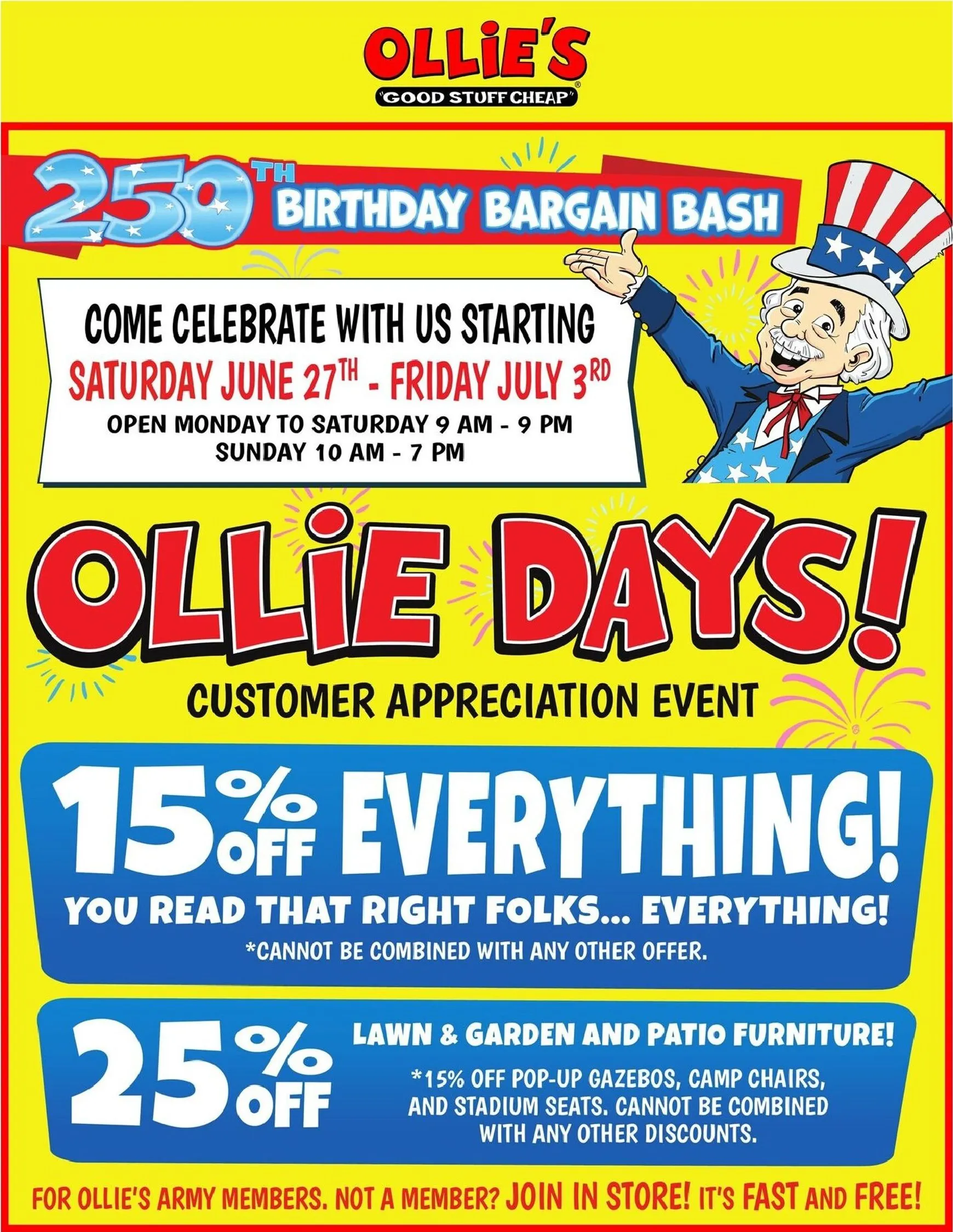 Weekly ad Ollie's 250th Birthday Bargain Bash & Ollie Days Customer Appreciation Event from June 27 to July 3 2026 - Page 1