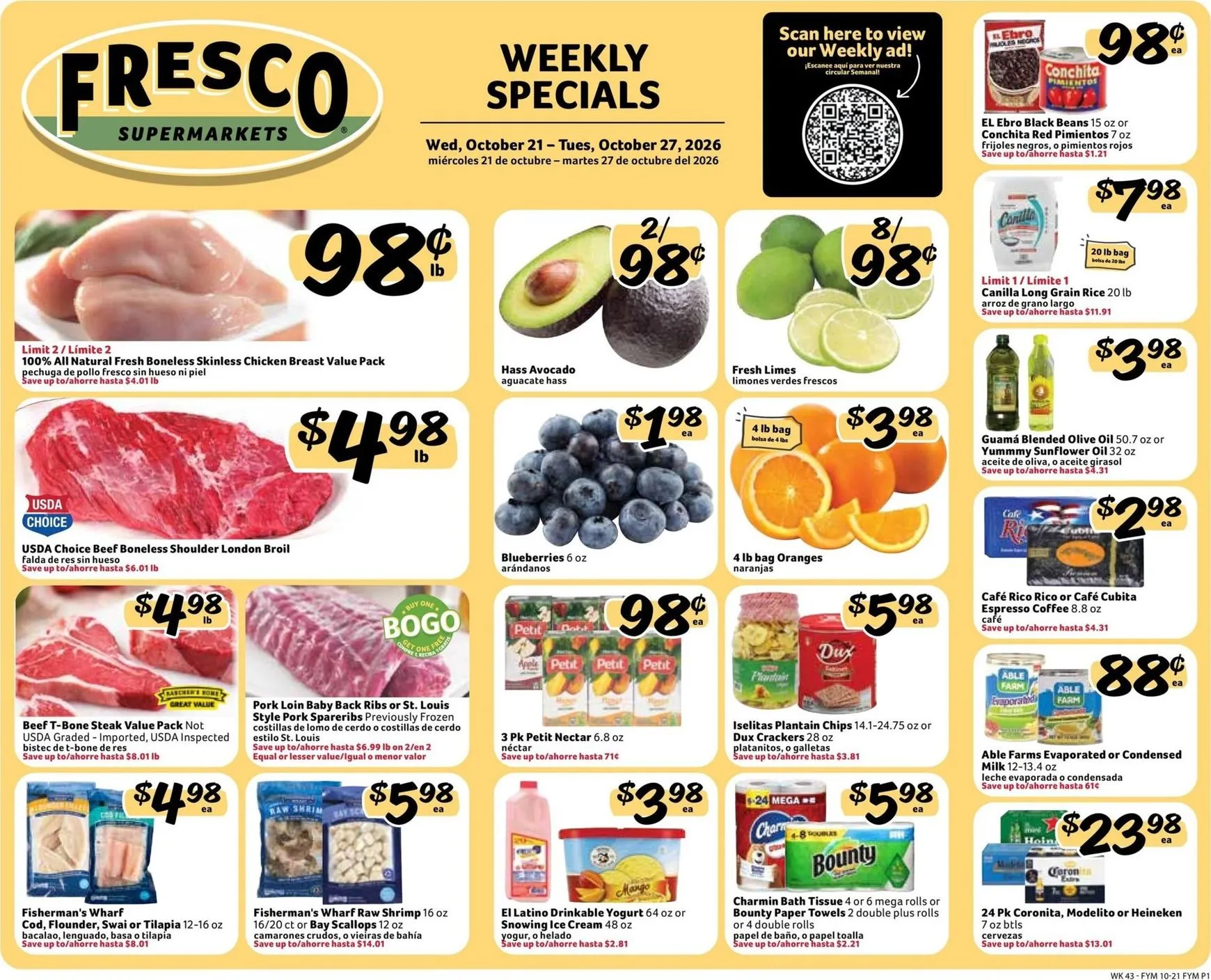 Weekly promotion Fresco Supermarkets Weekly Specials spanning from October 21 to October 27 2026 - Page 1 for Catalogue 365