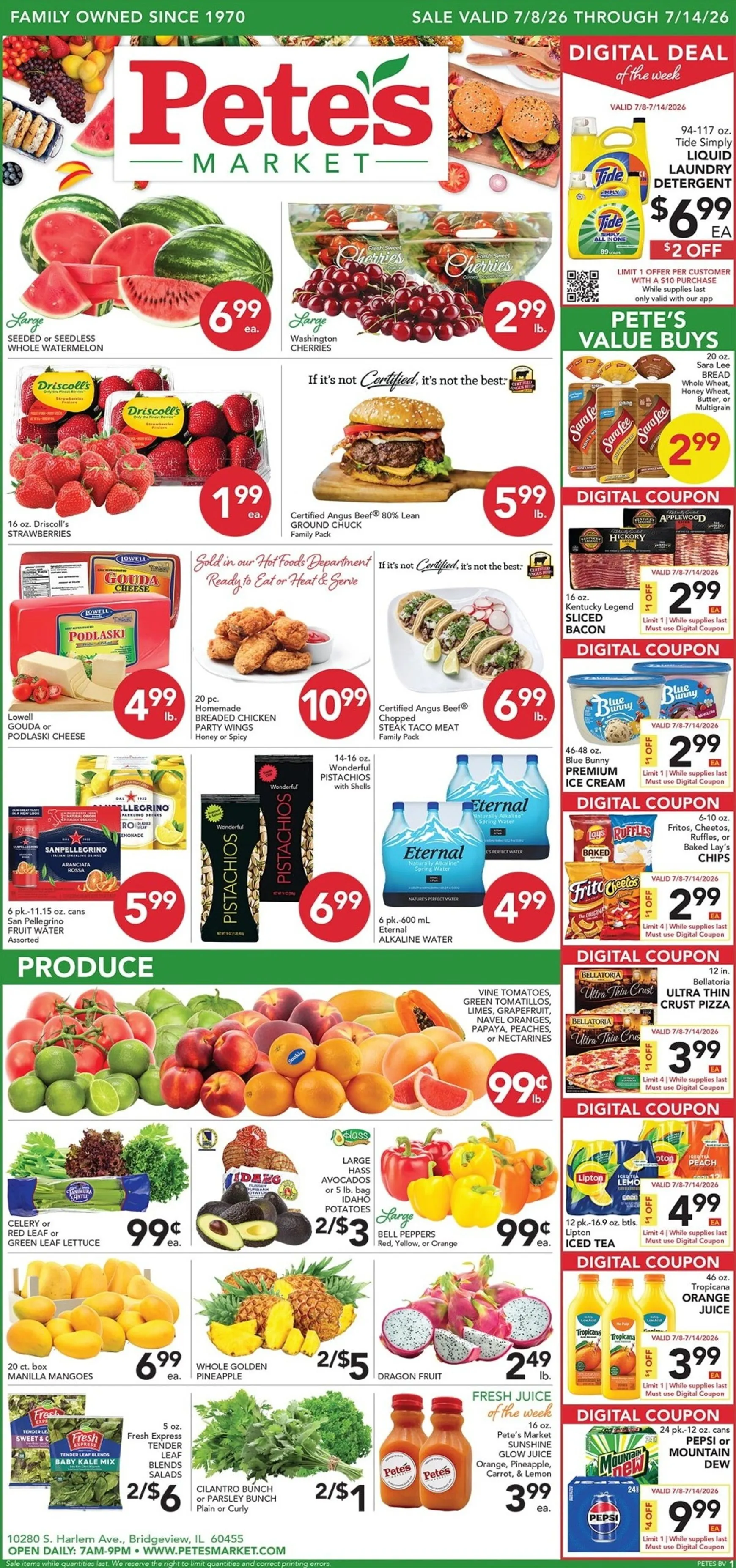 Weekly promotion Current Pete's Fresh Market - Bridgeview leaflet valid from Wednesday 07/08/2026 to Tuesday 07/14/2026 spanning from July 8 to July 14 2026 - Page 1 for Catalogue 365