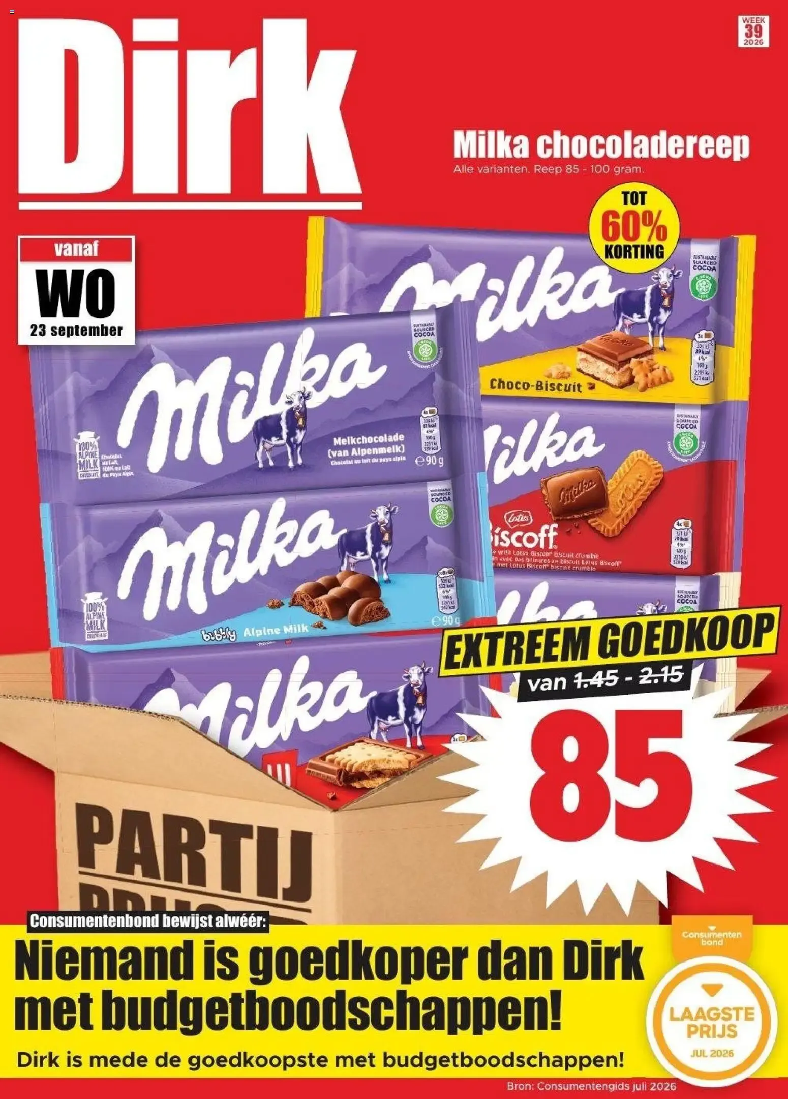 Dirk Folder: Milka Chocolade y Ofertas de Budget Boodschappen van 23 september tot 29 september 2026 - Folder pagina 1