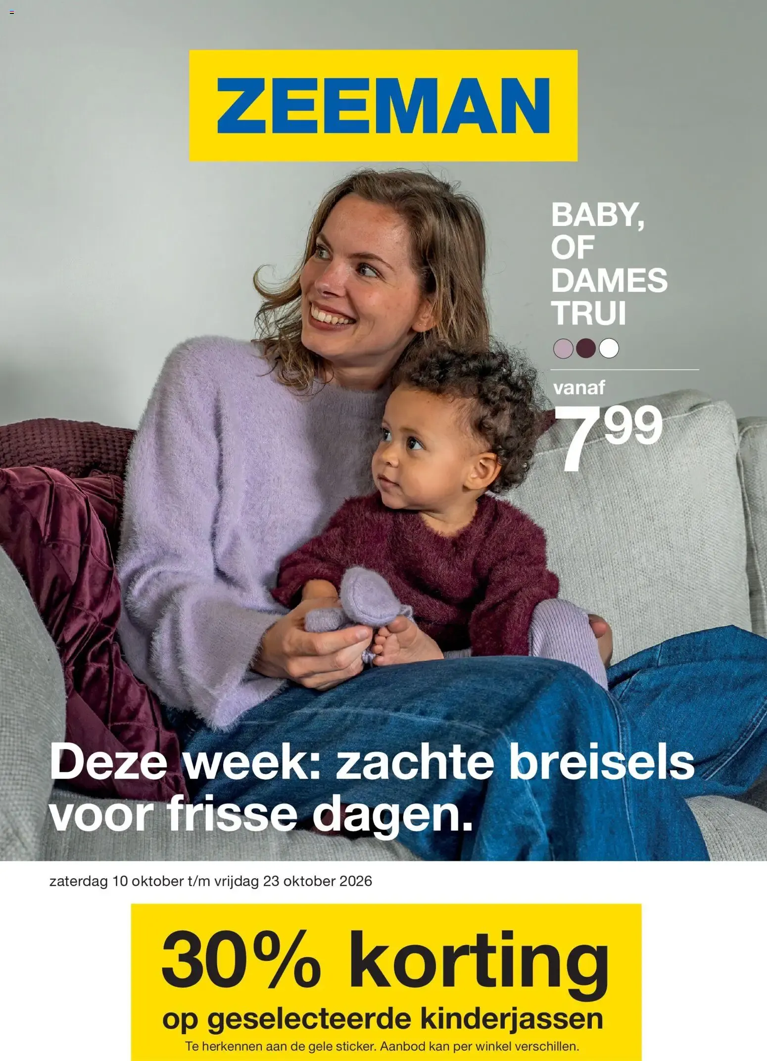 Zeeman: Zachte breisels voor frisse dagen, Baby, Dames Trui en 30% korting op kinderjassen van 10 oktober tot 23 oktober 2026 - Folder pagina 1