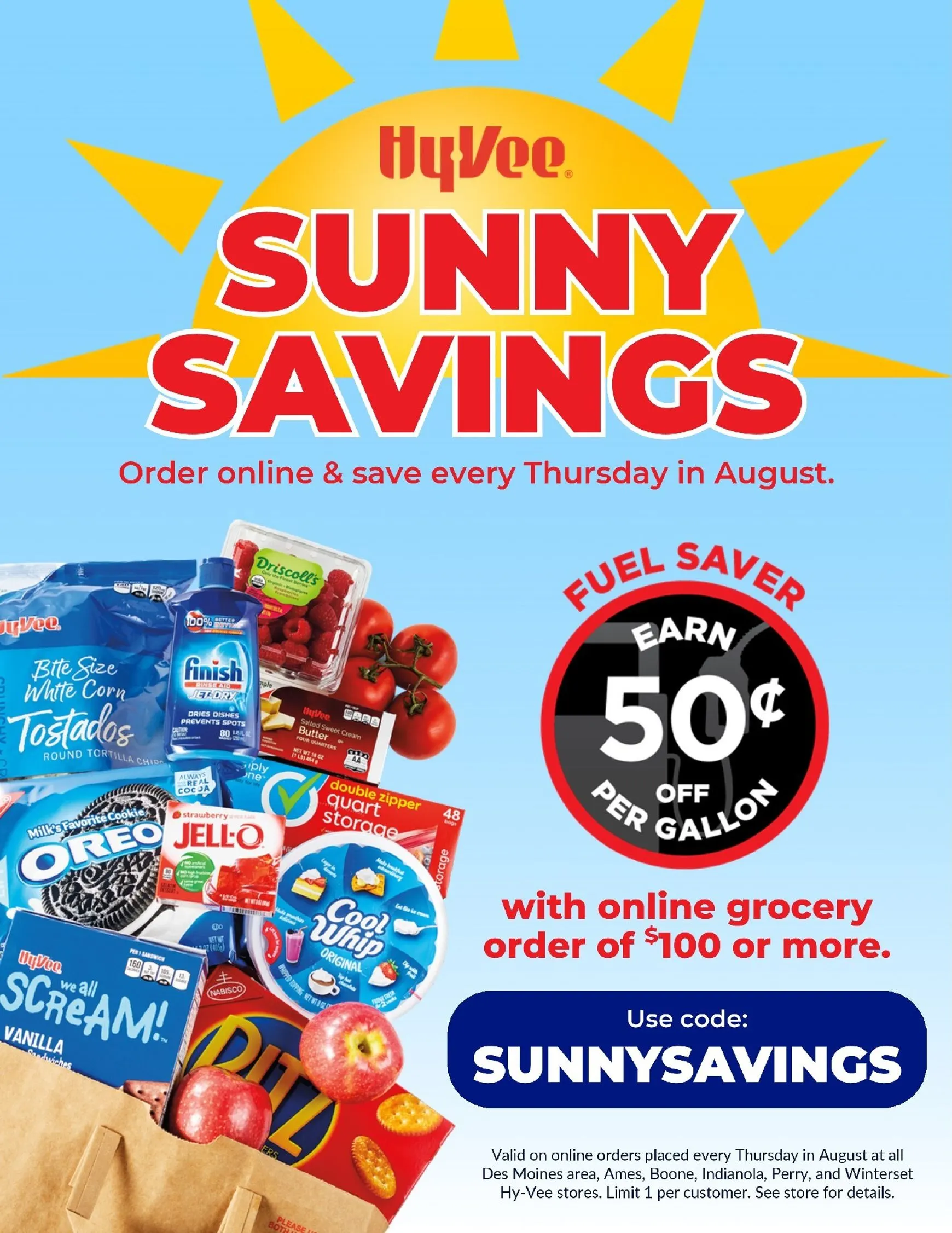 Current Hy Vee - Sunny Savings Thursday Online Fuel Saver leaflet valid from Saturday 08/01/2026 to Monday 08/31/2026