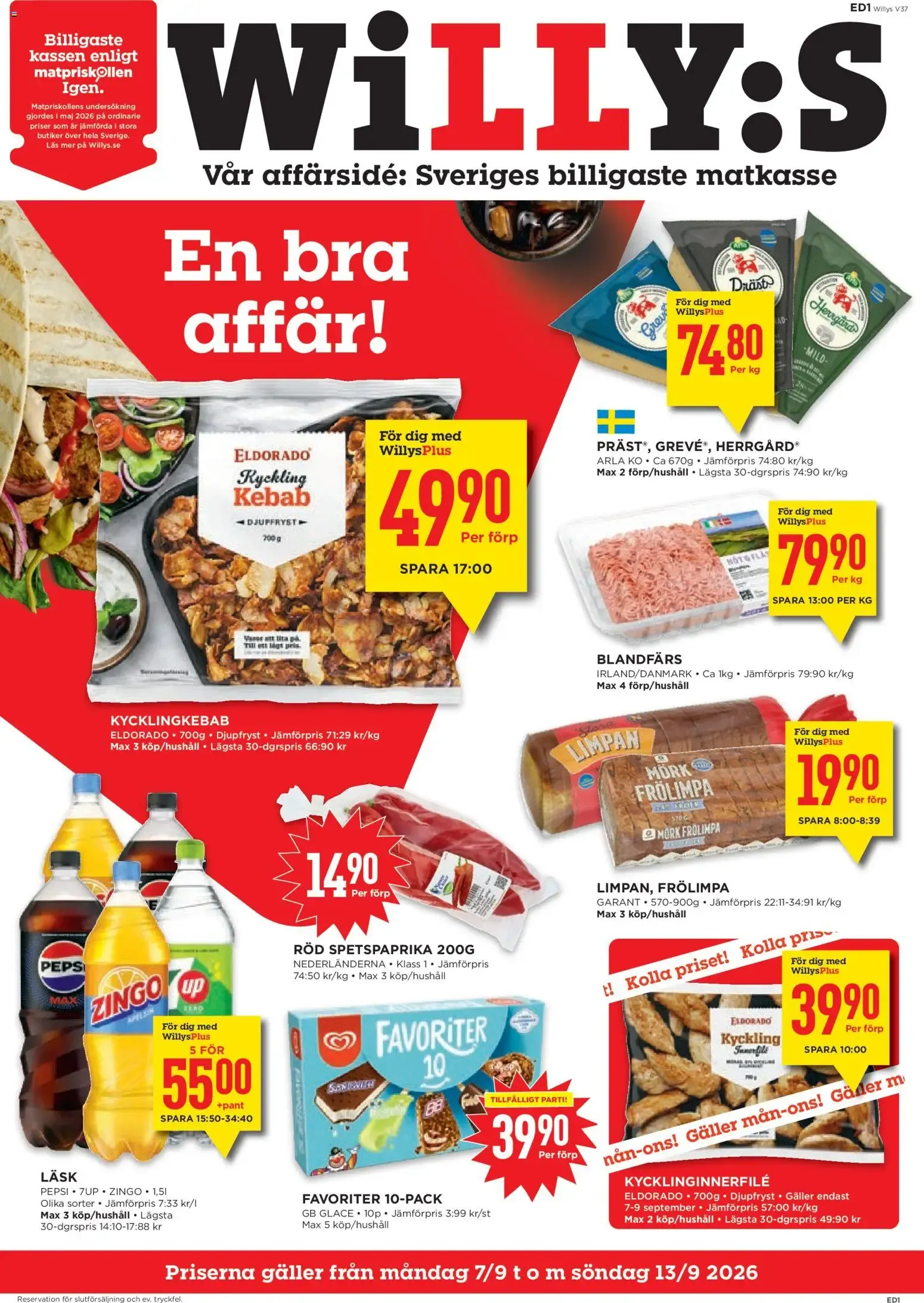 Willys: Sveriges billigaste matkasse från 7 september till 13 september 2026 - Reklamblad sidor 1