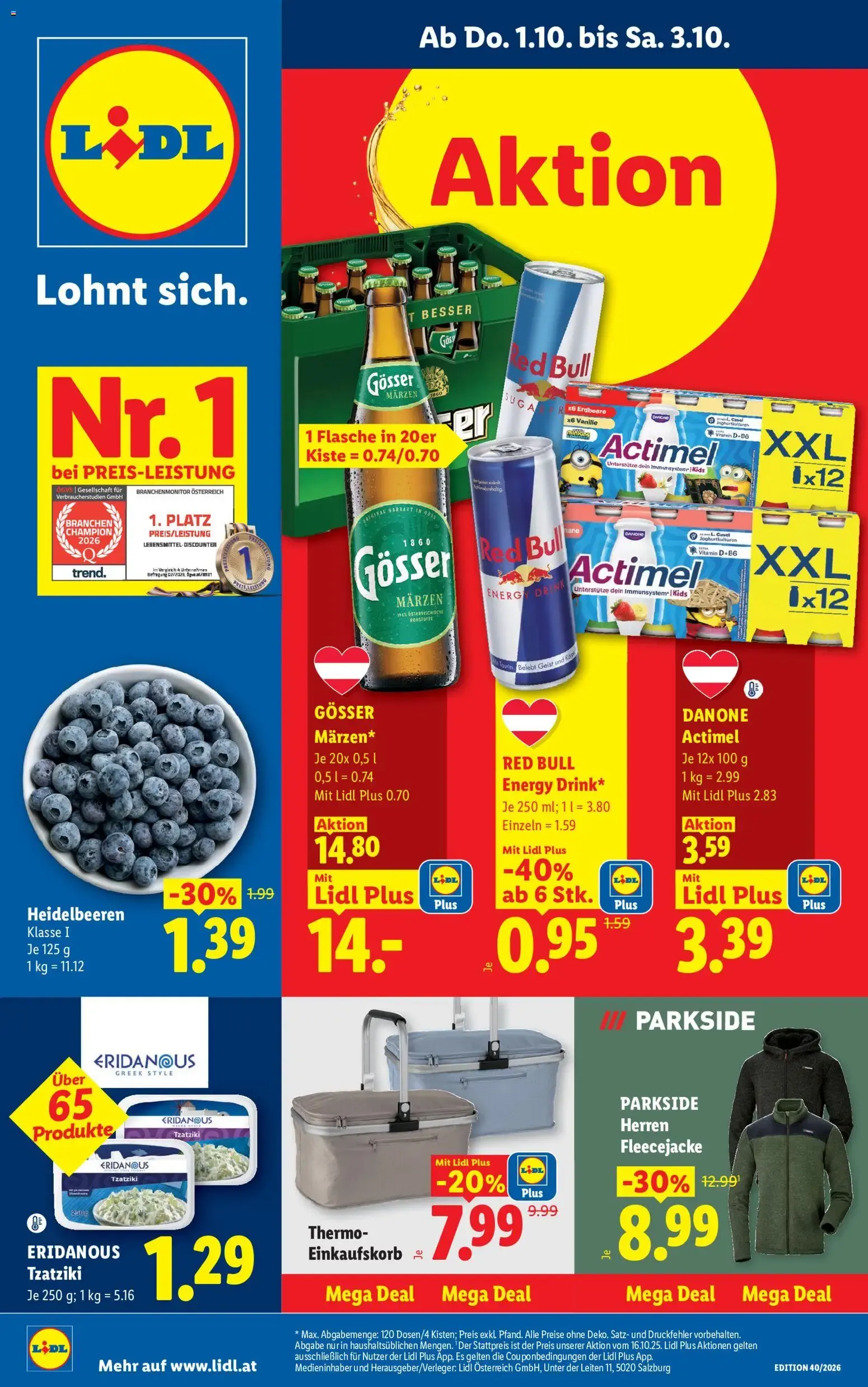 Lidl - Flugblatt ab 01.10.2026 - Angebote ab donnerstag von 1. Oktober bis 3. Oktober 2026 - Flugblätt seite 1