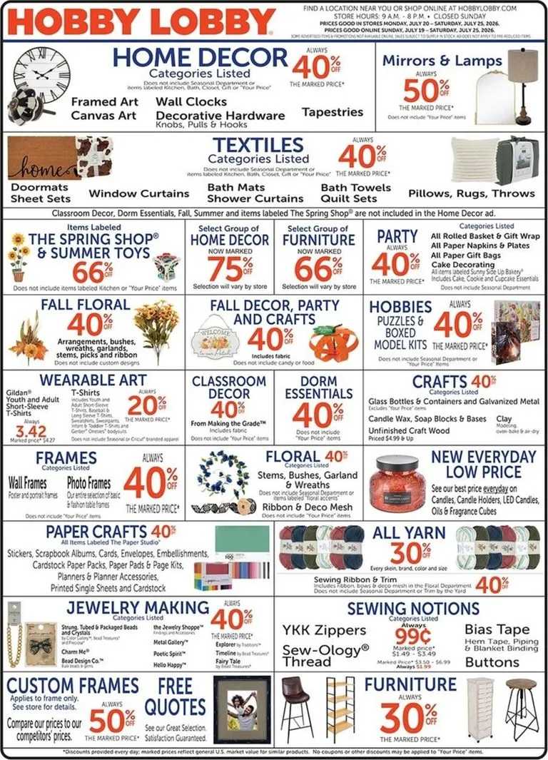 Current Hobby Lobby leaflet valid from Sunday 07/19/2026 to Saturday 07/25/2026