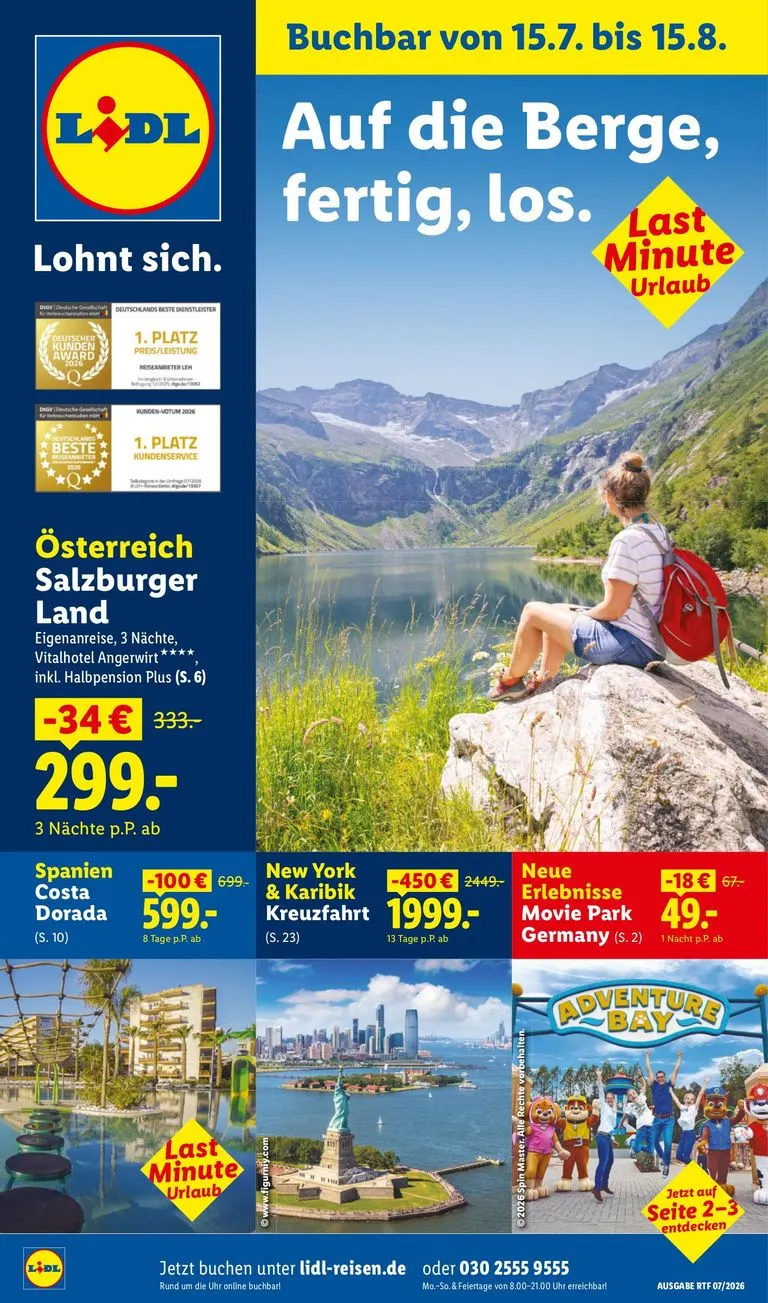 Auf die Berge, fertig, los. Last Minute Urlaub von 15. Juli bis 15. August 2026 - Prospekt seite 1