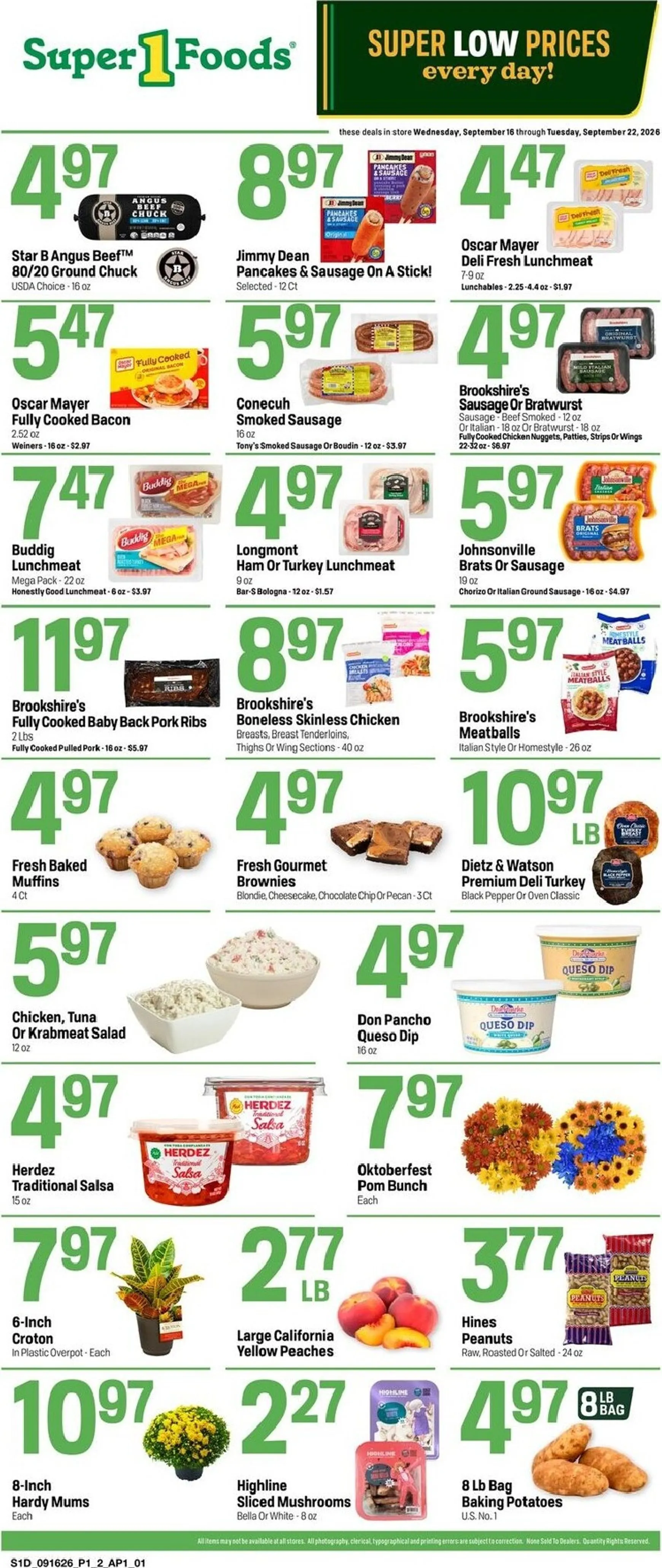 Current Super 1 Foods - Hot Sheet leaflet valid from Wednesday 09/16/2026 to Tuesday 09/22/2026