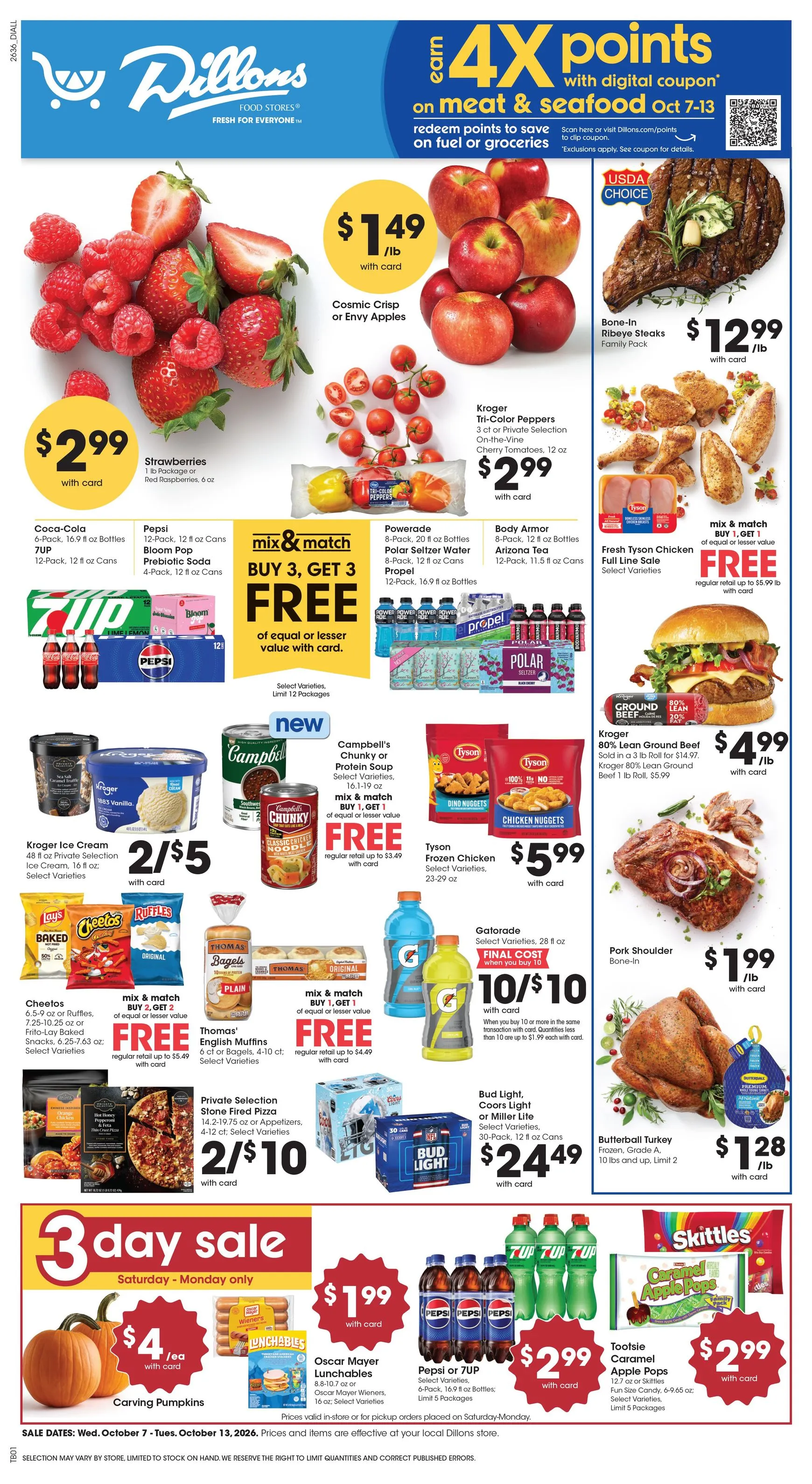 Weekly promotion Dillons: Ofertas en comestibles y 3 Day Sale spanning from October 7 to October 13 2026 - Page 1 for Catalogue 365