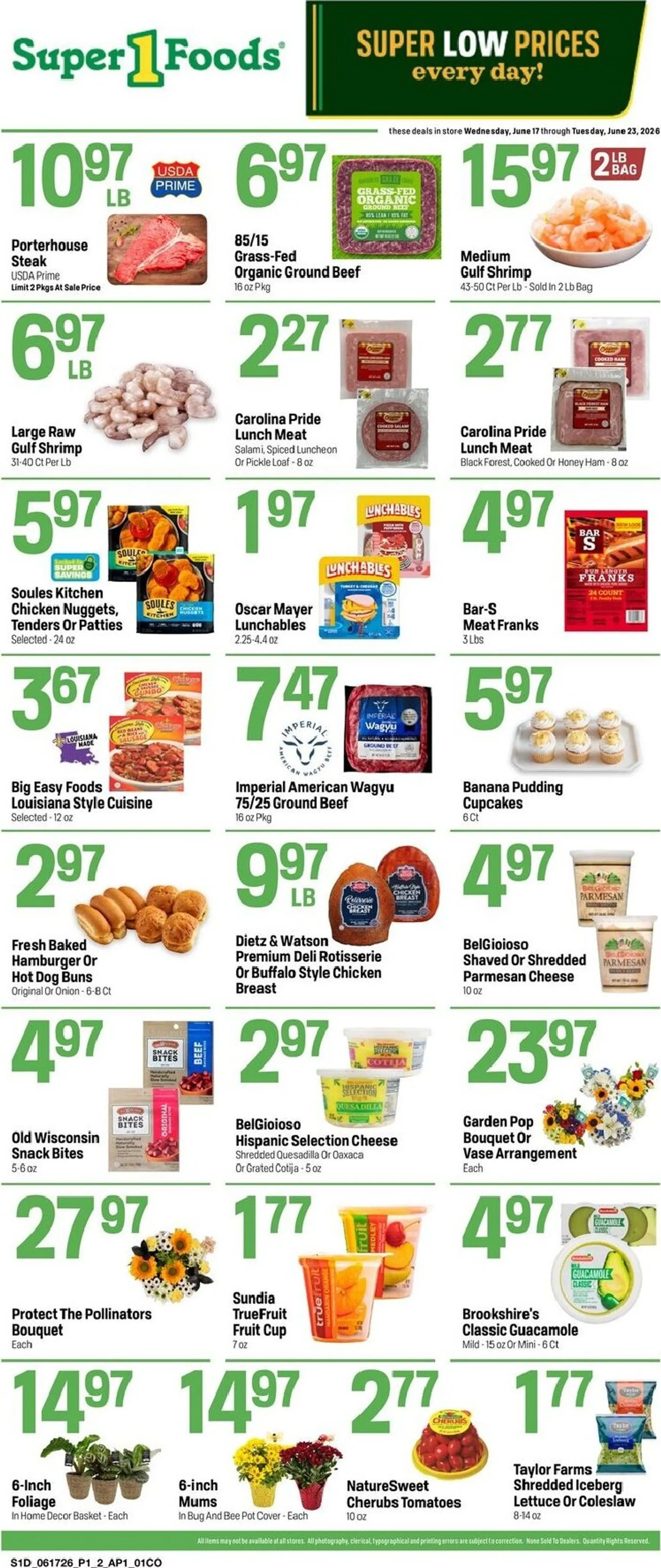 Current Super 1 Foods - Hot Sheet leaflet valid from Wednesday 06/17/2026 to Tuesday 06/23/2026