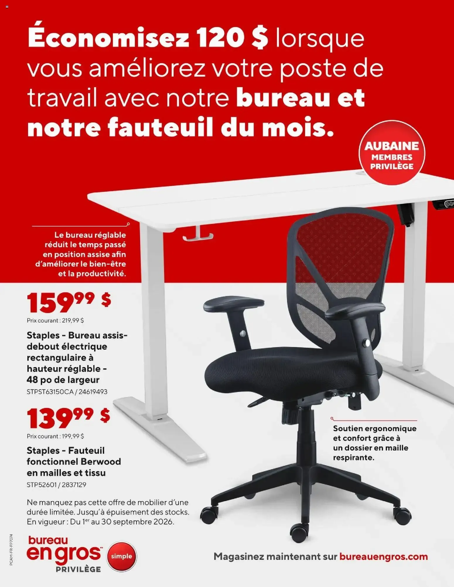 Économisez 120 $ lorsque vous améliorez votre poste de travail avec notre bureau et notre fauteuil du mois. from September 1 to September 30 2026 - flyer page 1