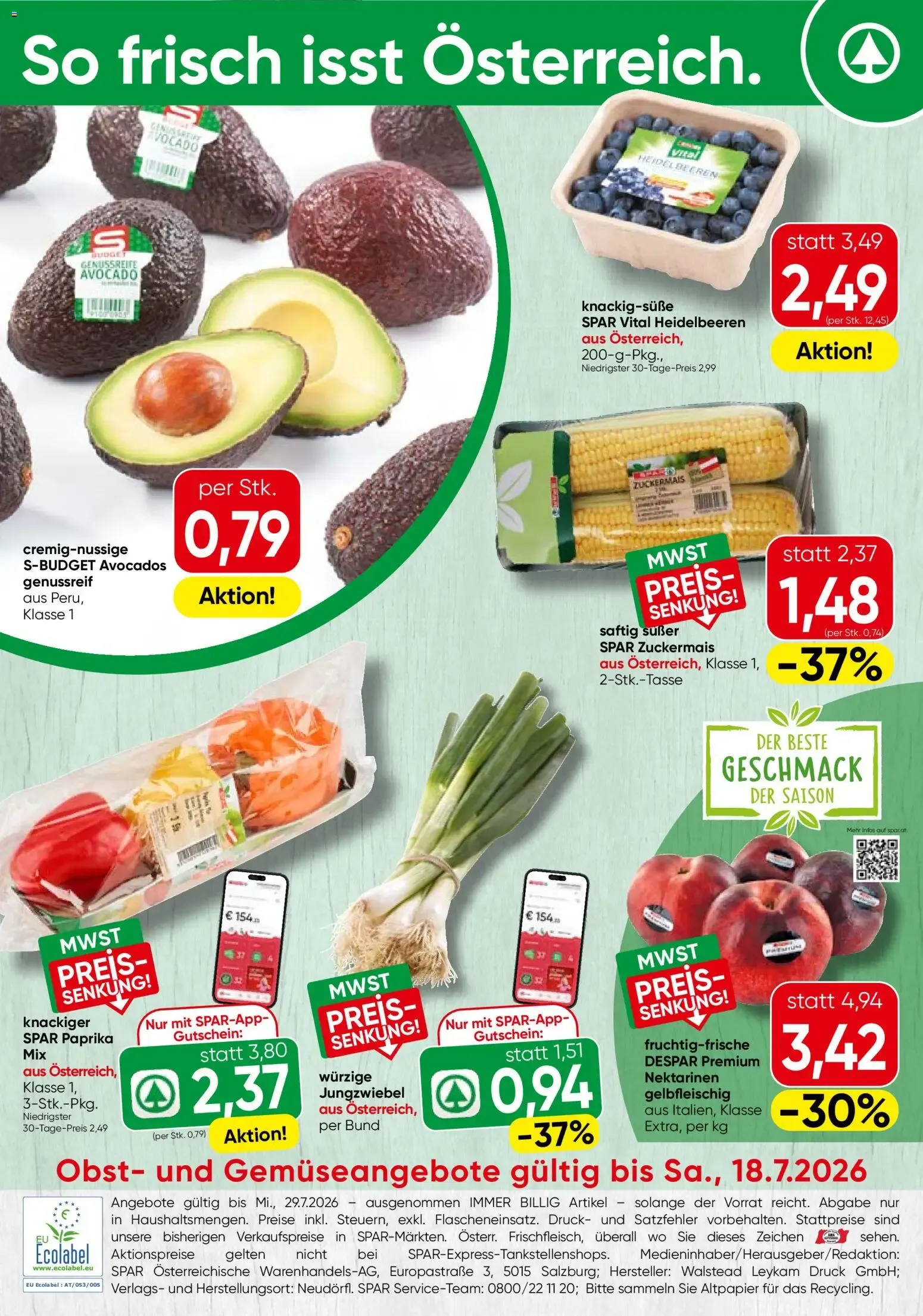 Spar: So frisch isst Österreich. Obst- und Gemüseangebote von 13. Juli bis 18. Juli 2026 - Flugblätt seite 1