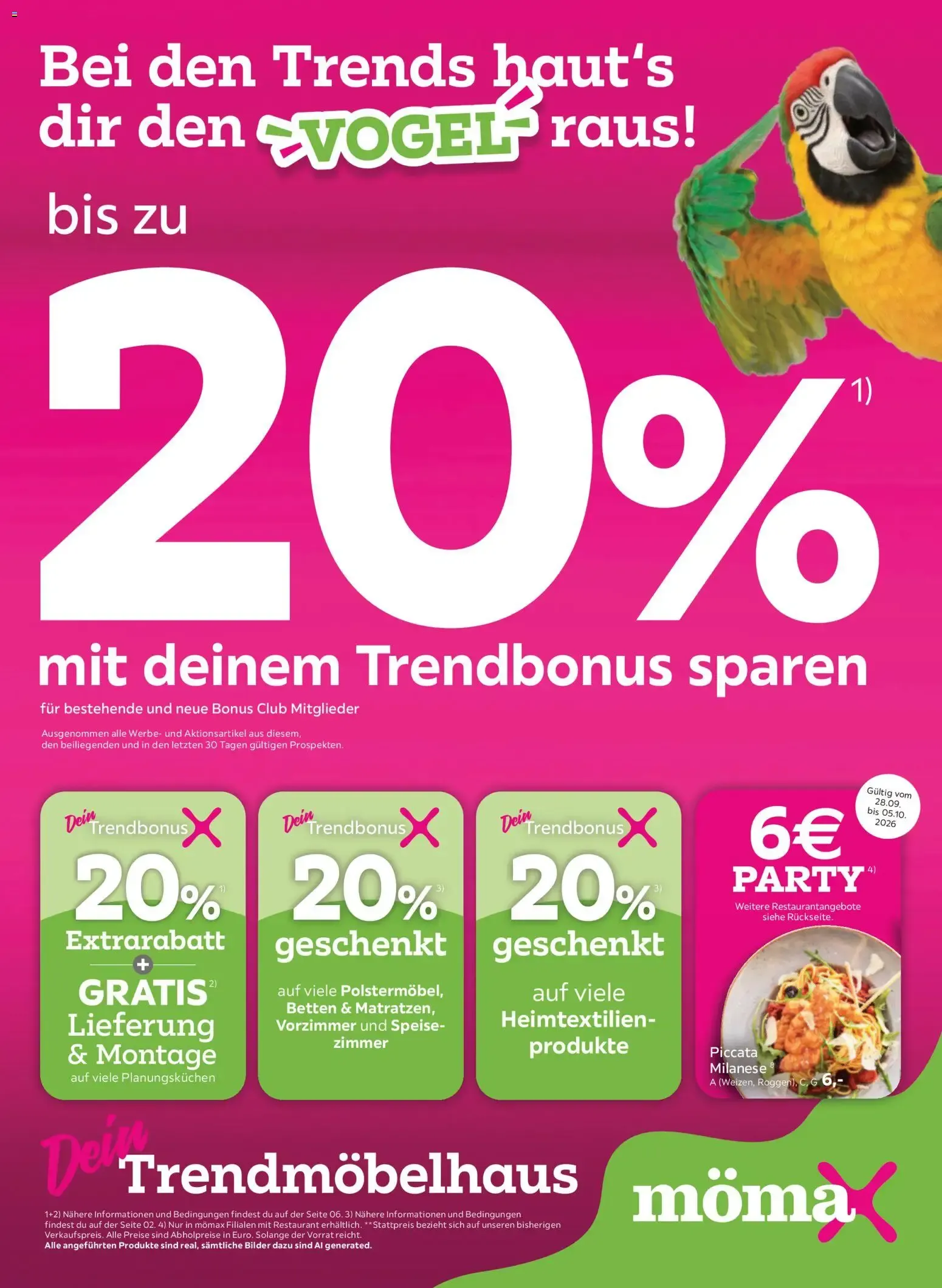 Mömax: Bei den Trends haut's dir den VOGEL raus! 20% Trendbonus sparen von 28. September bis 5. Oktober 2026 - Prospekt seite 1