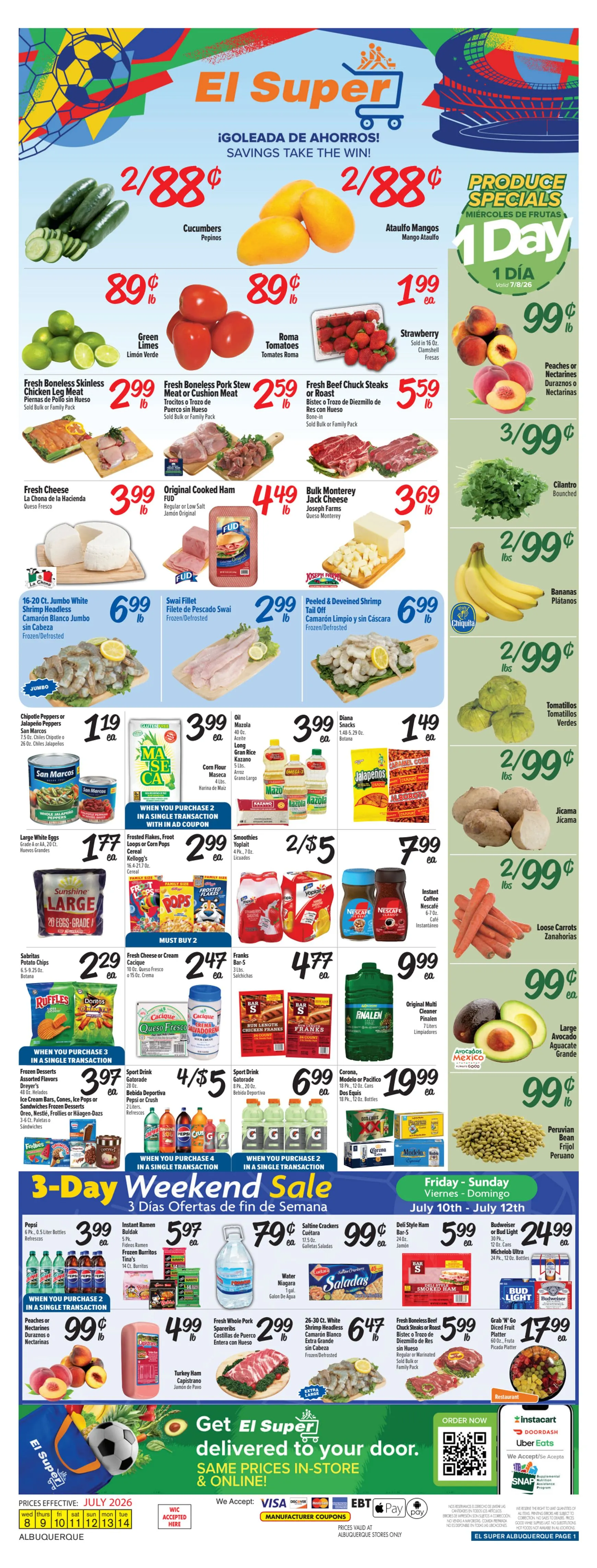 Weekly promotion El Super ¡GOLEADA DE AHORROS! SAVINGS TAKE THE WIN! spanning from July 8 to July 14 2026 - Page 1 for Catalogue 365