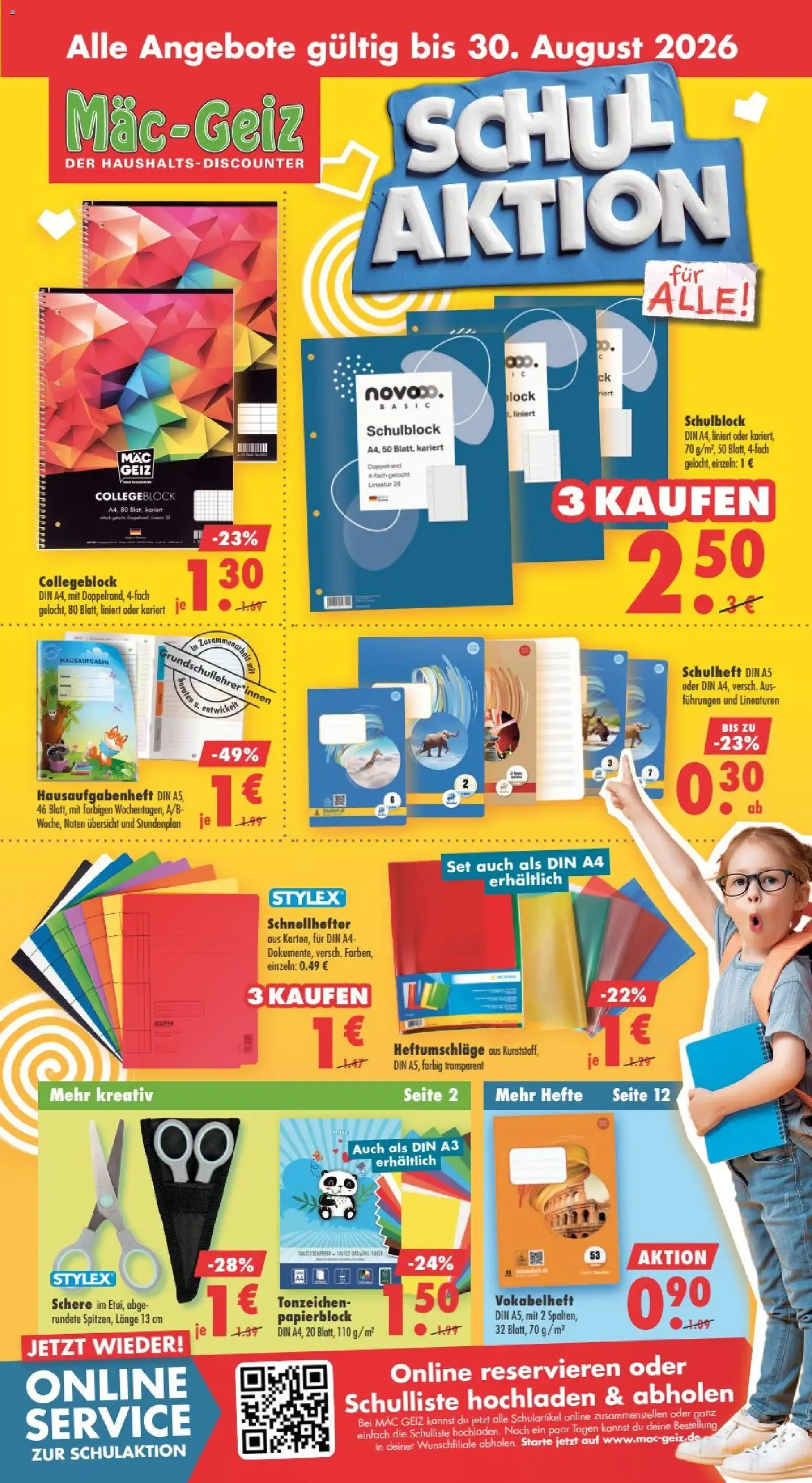 Mäc-Geiz Schul Aktion für Alle! von 10. August bis 30. August 2026 - Prospekt seite 1