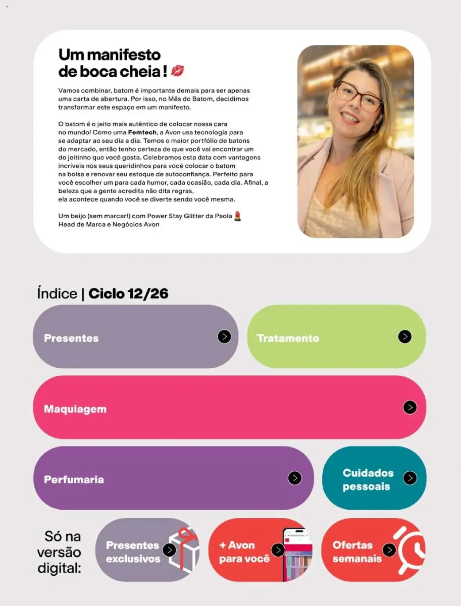 Encarte de Avon | Campanha Ciclo 12/2026 | Mês do Batom com Power Stay Matte Glitter 19 de julho até 9 de agosto 2026 - Pagina 6