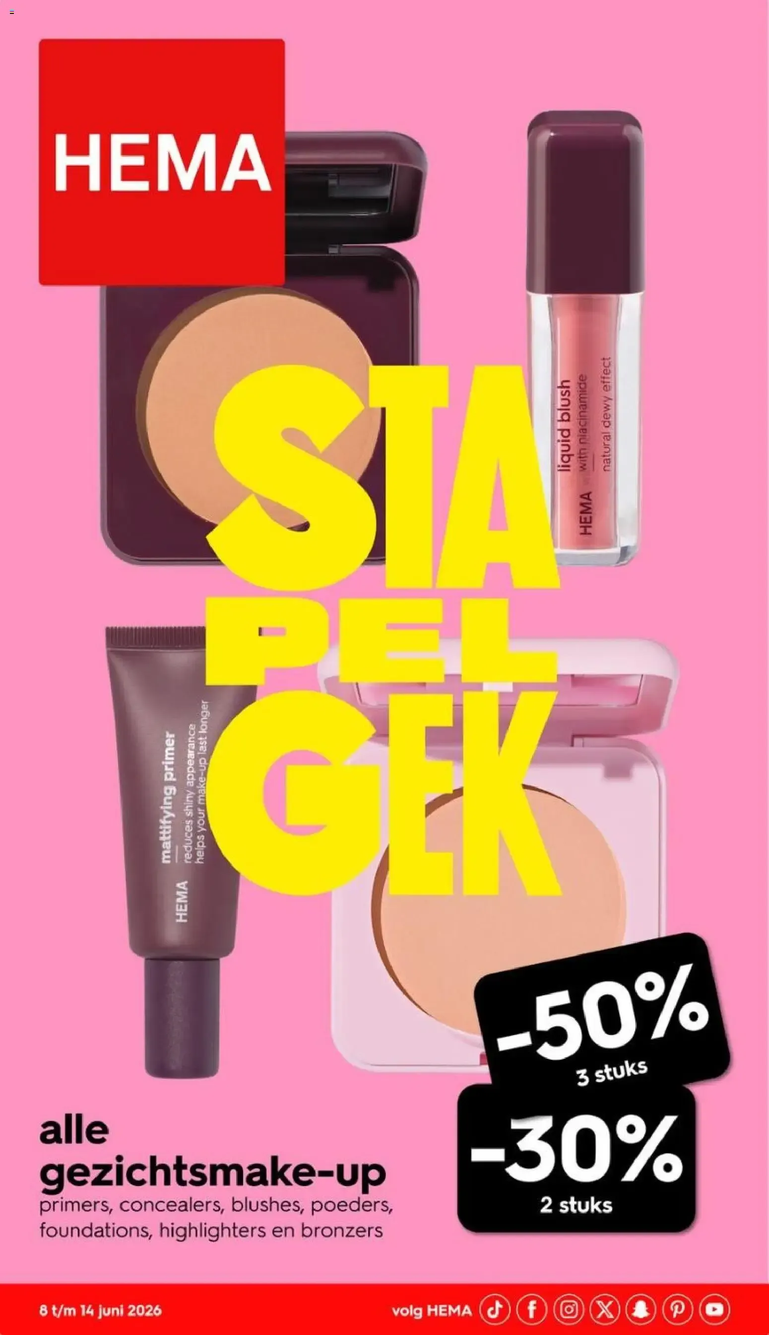 Hema: Stapelgek en maquillaje facial con hasta -50% van 8 juni tot 14 juni 2026 - Folder pagina 1