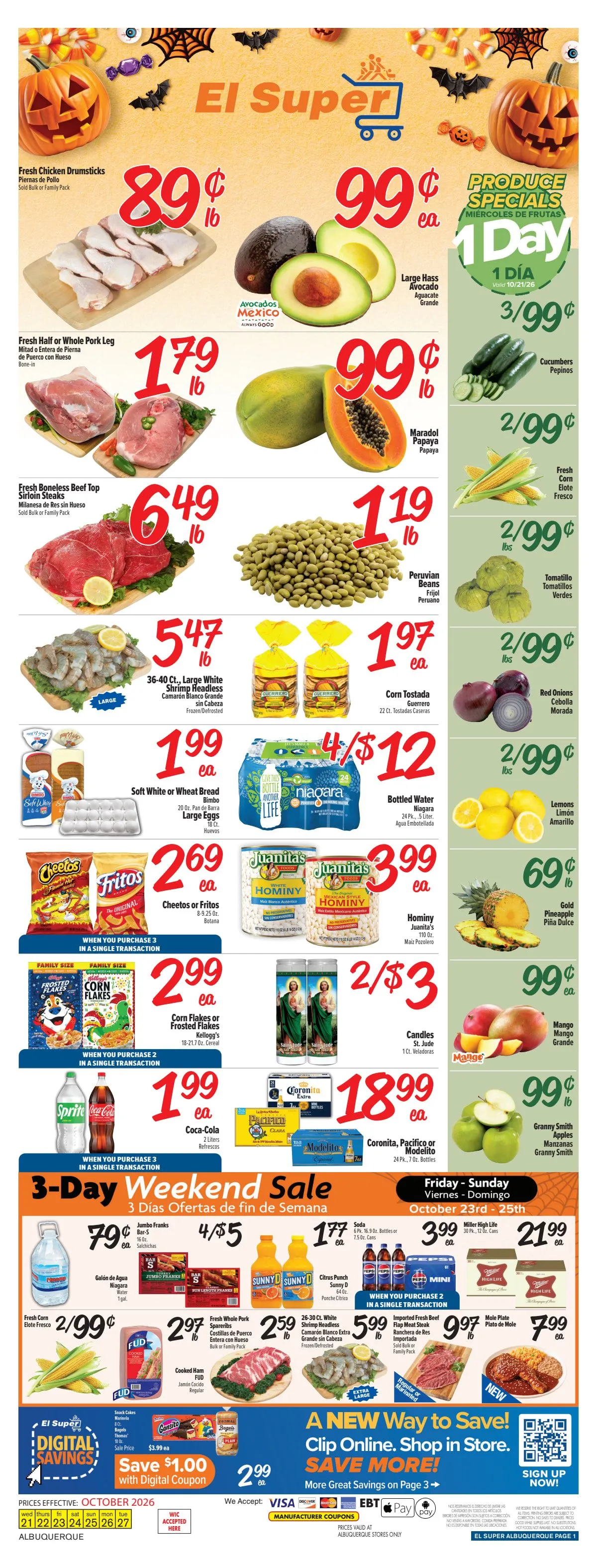 Weekly promotion Current El Super - Albuquerque leaflet valid from Wednesday 10/21/2026 to Tuesday 10/27/2026 spanning from October 21 to October 27 2026 - Page 1 for Catalogue 365