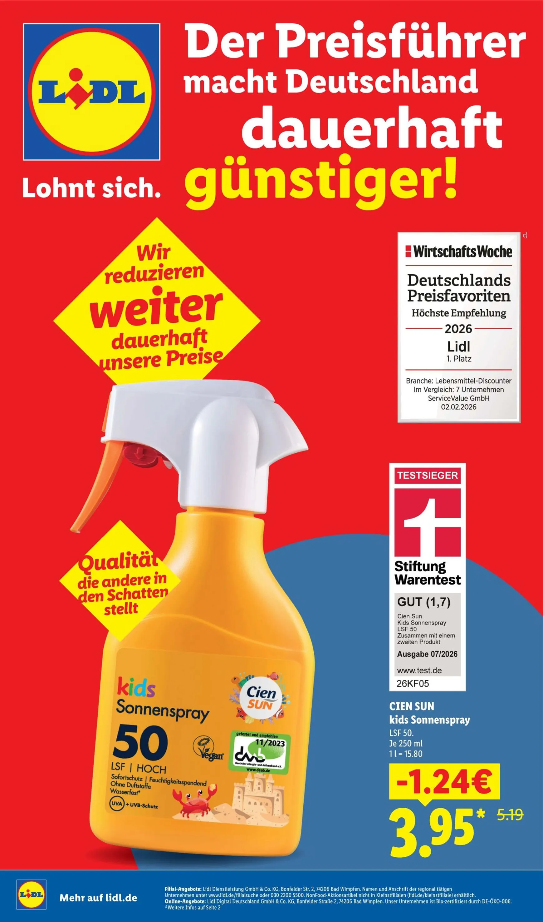 Lidl: Der Preisführer macht Deutschland dauerhaft günstiger! von 1. Juli bis 31. August 2026 - Prospekt seite 1