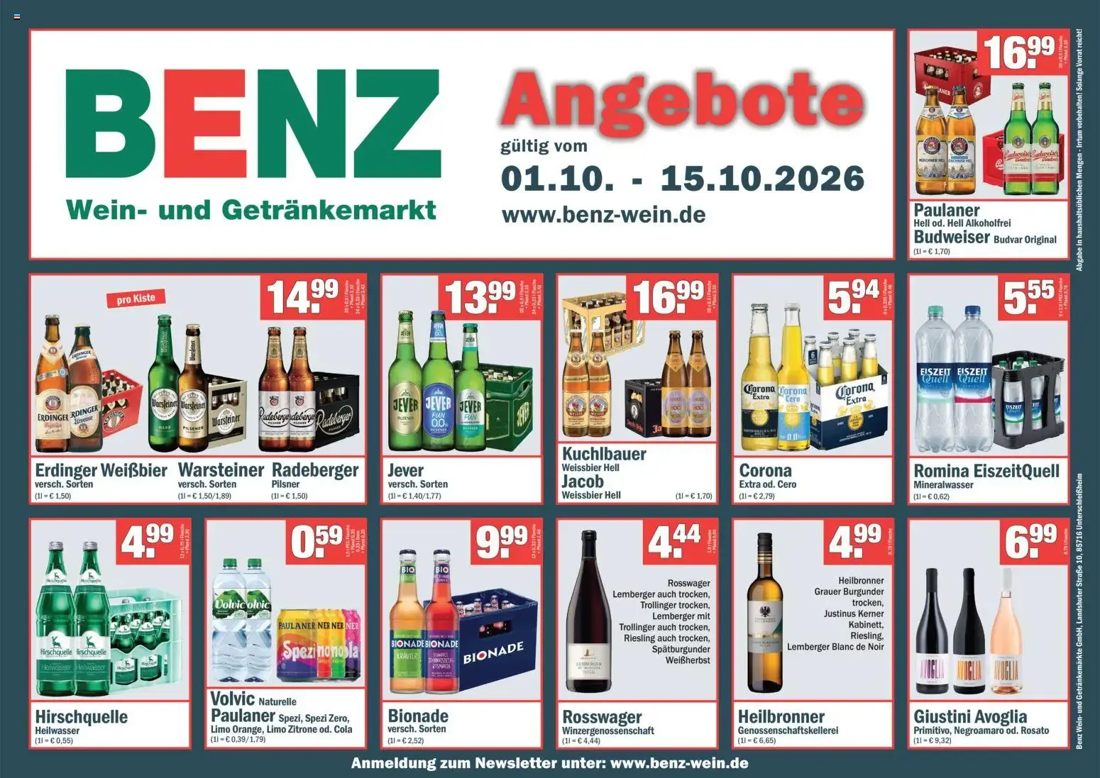 Benz Getränke Prospekt vom 01.10.2026 – Angebote online von 1. Oktober bis 15. Oktober 2026 - Prospekt seite 1