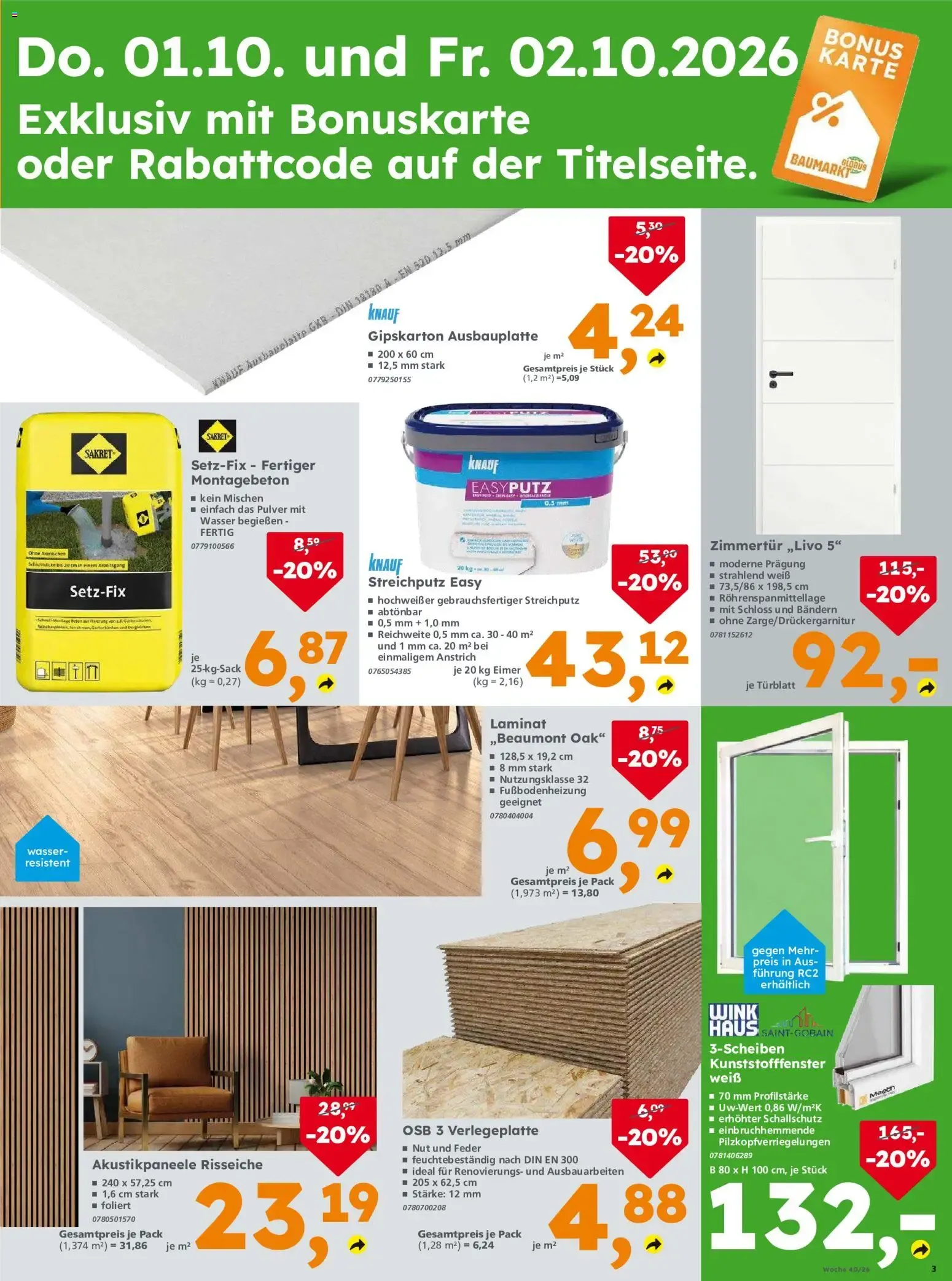 Globus Baumarkt: 20% Rabatt auf alles - Beste Preise jetzt noch besser! von 1. Oktober bis 2. Oktober 2026 - Prospekt seite 3