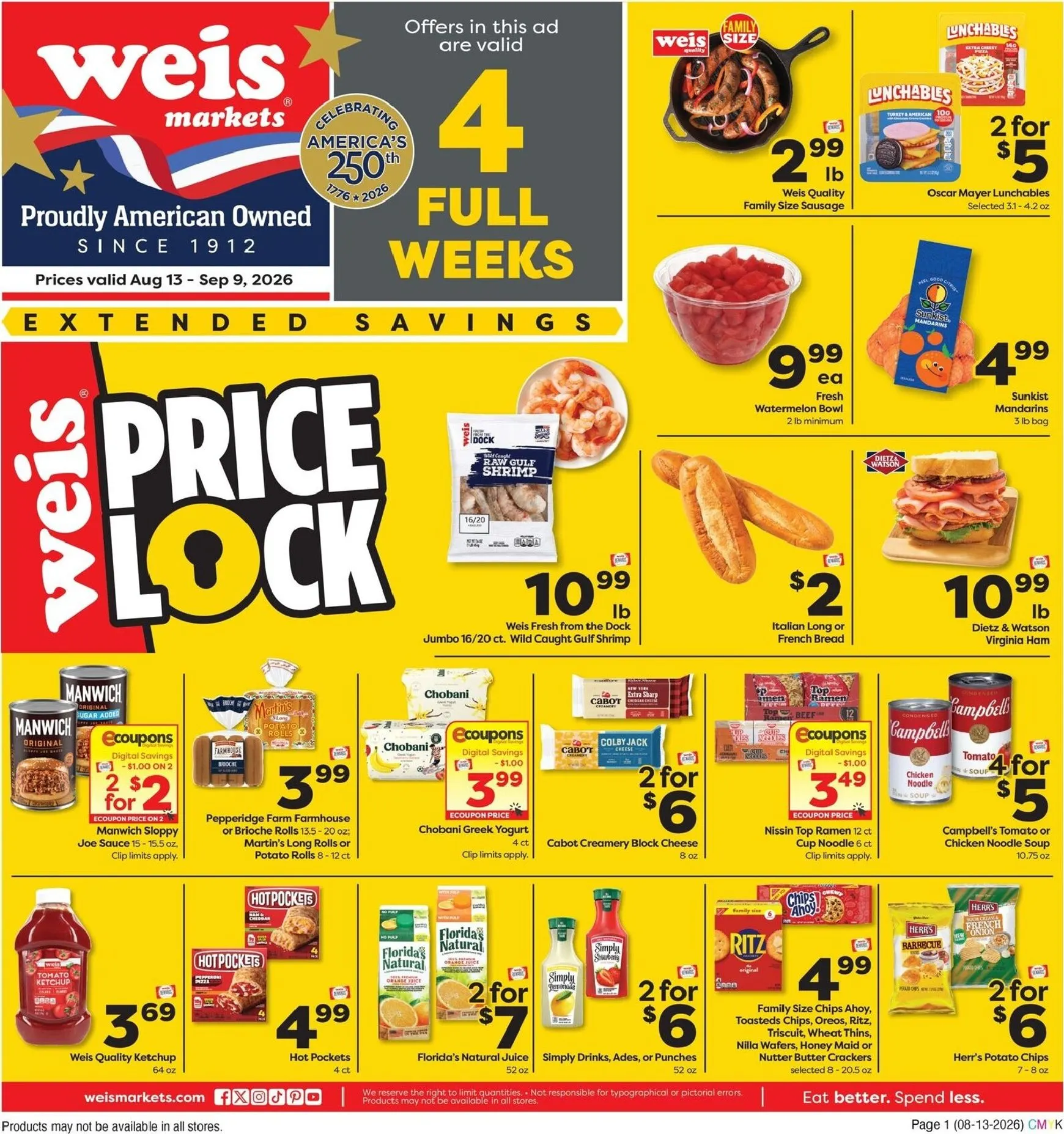 Weekly ad Current Weis Markets - Price Lock leaflet valid from Thursday 08/13/2026 to Wednesday 09/09/2026 from August 13 to September 9 2026 - Page 1