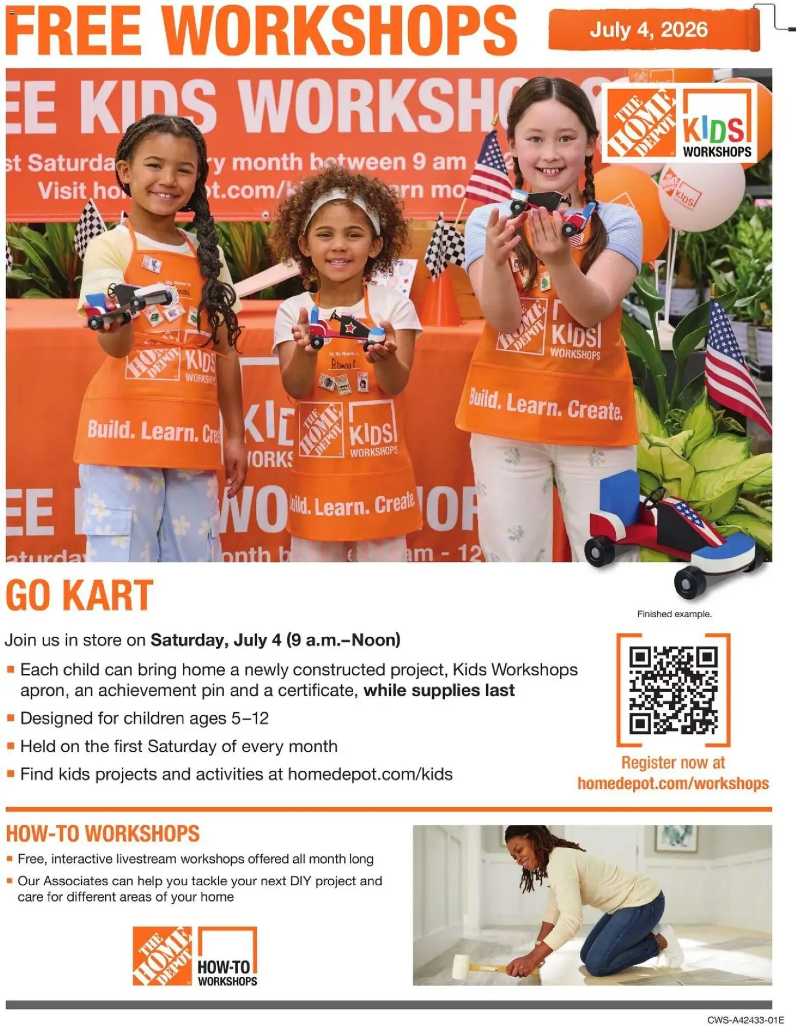 Weekly promotion Home Depot Kids Workshops spanning from July 4 to July 4 2026 - Page 1 for Catalogue 365