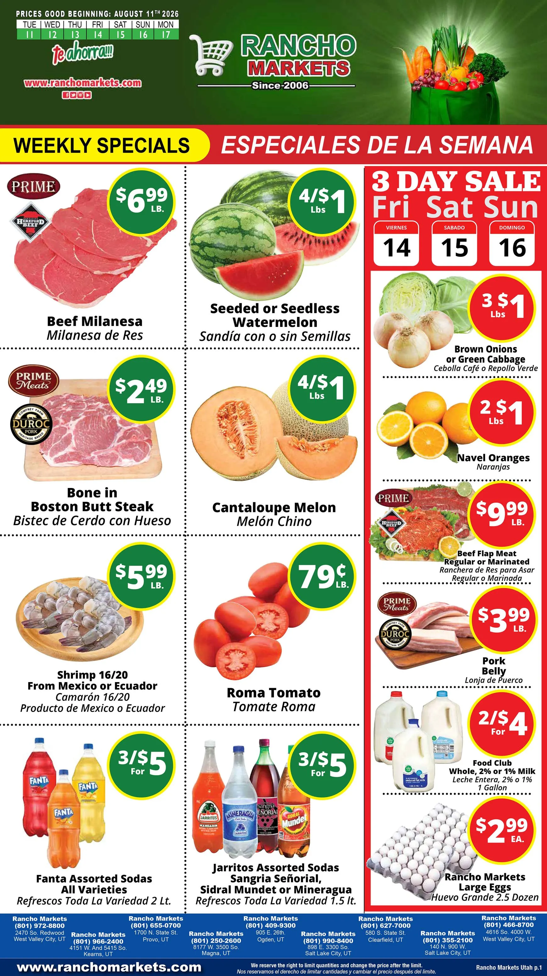 Weekly ad Current Rancho Markets leaflet valid from Tuesday 08/11/2026 to Monday 08/17/2026 from August 11 to August 17 2026 - Page 1