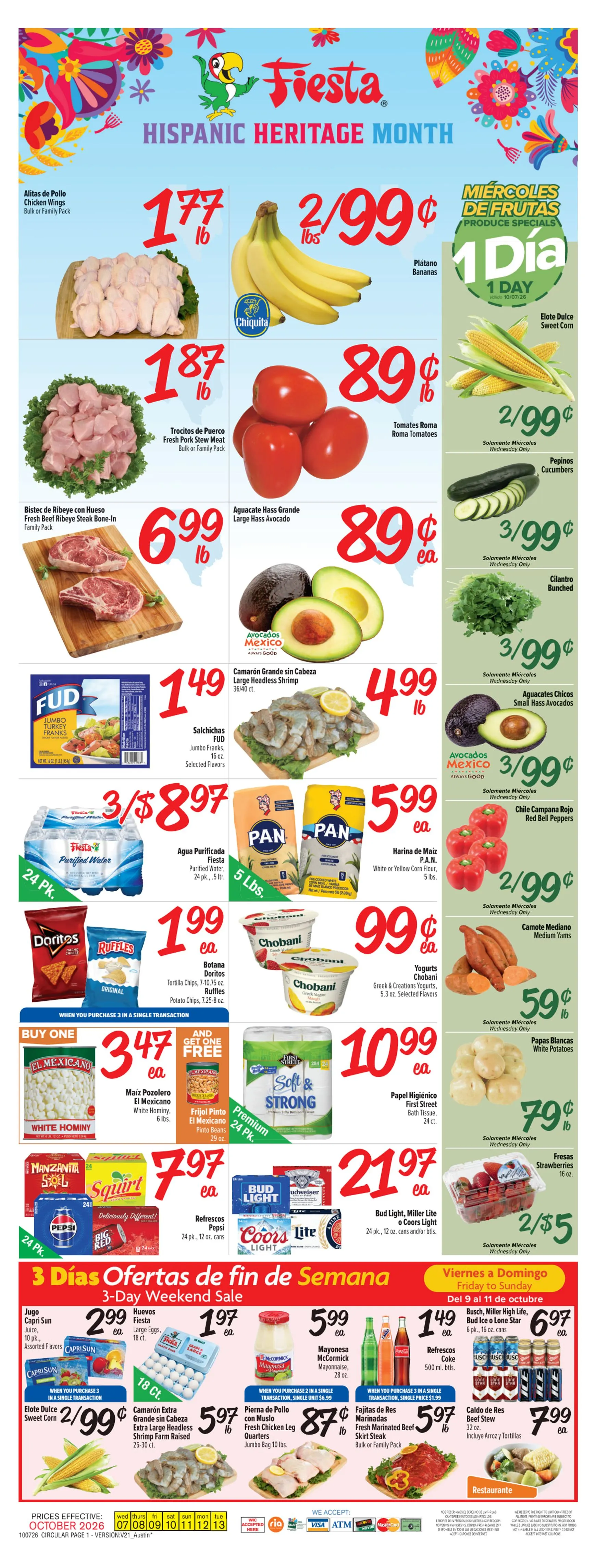 Weekly promotion Current Fiesta Mart - Austin leaflet valid from Wednesday 10/07/2026 to Tuesday 10/13/2026 spanning from October 7 to October 13 2026 - Page 1 for Catalogue 365