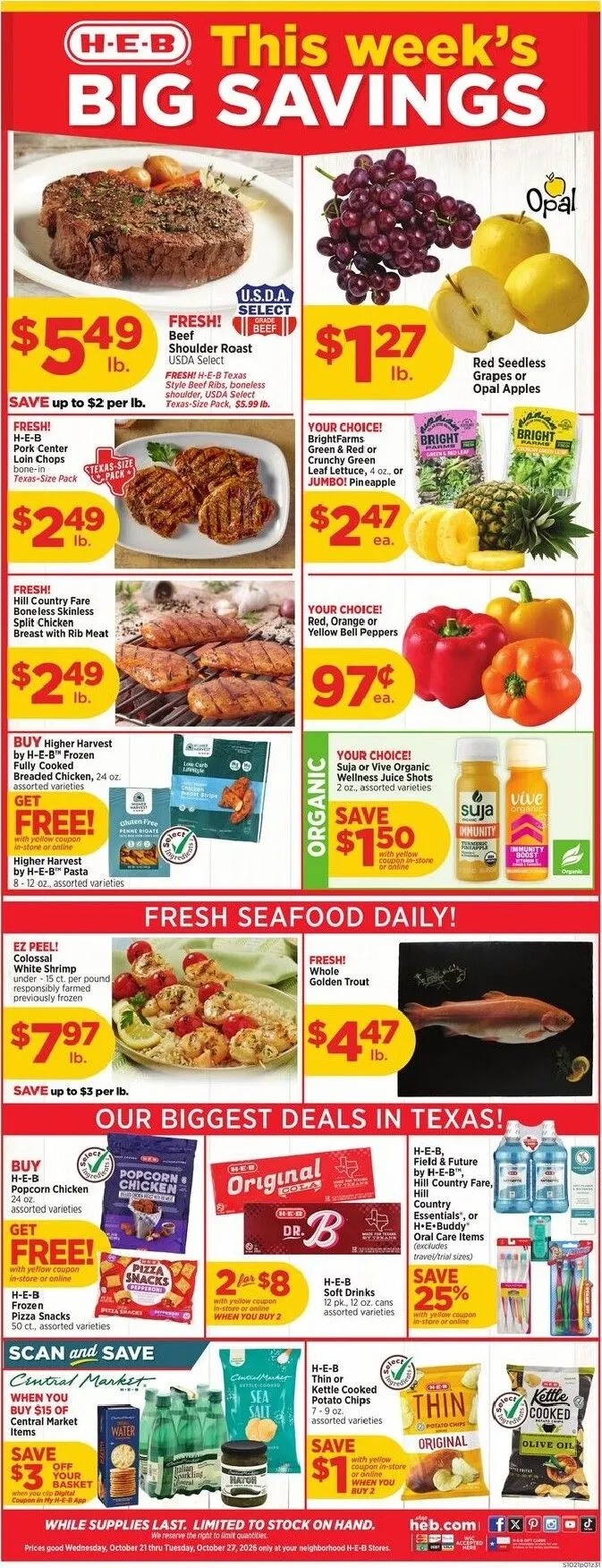 Weekly promotion Current H-E-B leaflet valid from Wednesday 10/21/2026 to Tuesday 10/27/2026 spanning from October 21 to October 27 2026 - Page 1 for Catalogue 365