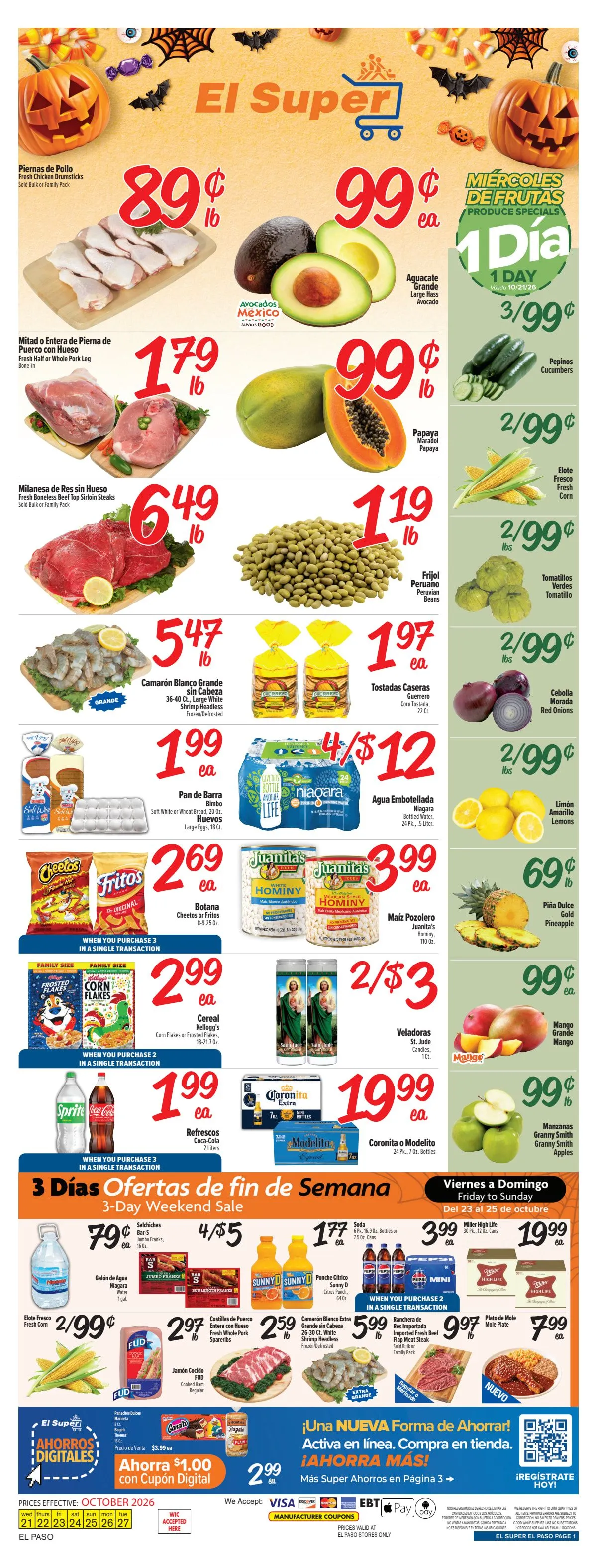 Weekly promotion Current El Super - El Paso leaflet valid from Wednesday 10/21/2026 to Tuesday 10/27/2026 spanning from October 21 to October 27 2026 - Page 1 for Catalogue 365