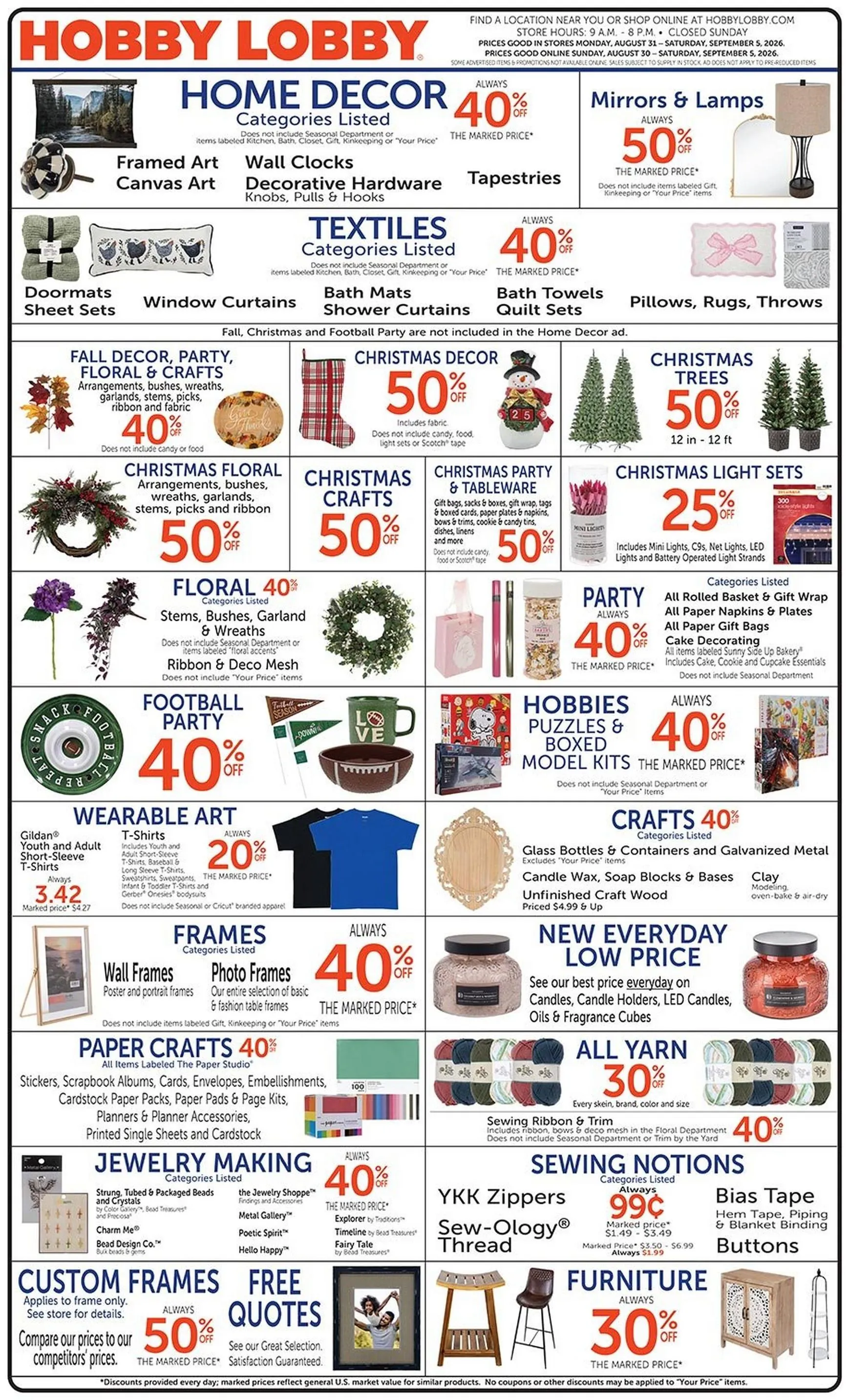 Current Hobby Lobby leaflet valid from Sunday 08/30/2026 to Saturday 09/05/2026
