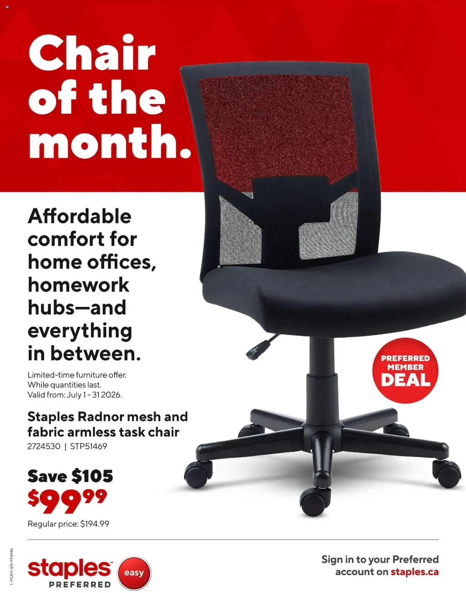 Staples flyer - Chair of the month from Jul 3, 2026 > weekly specials & deals from July 1 to July 31 2026 - flyer page 1