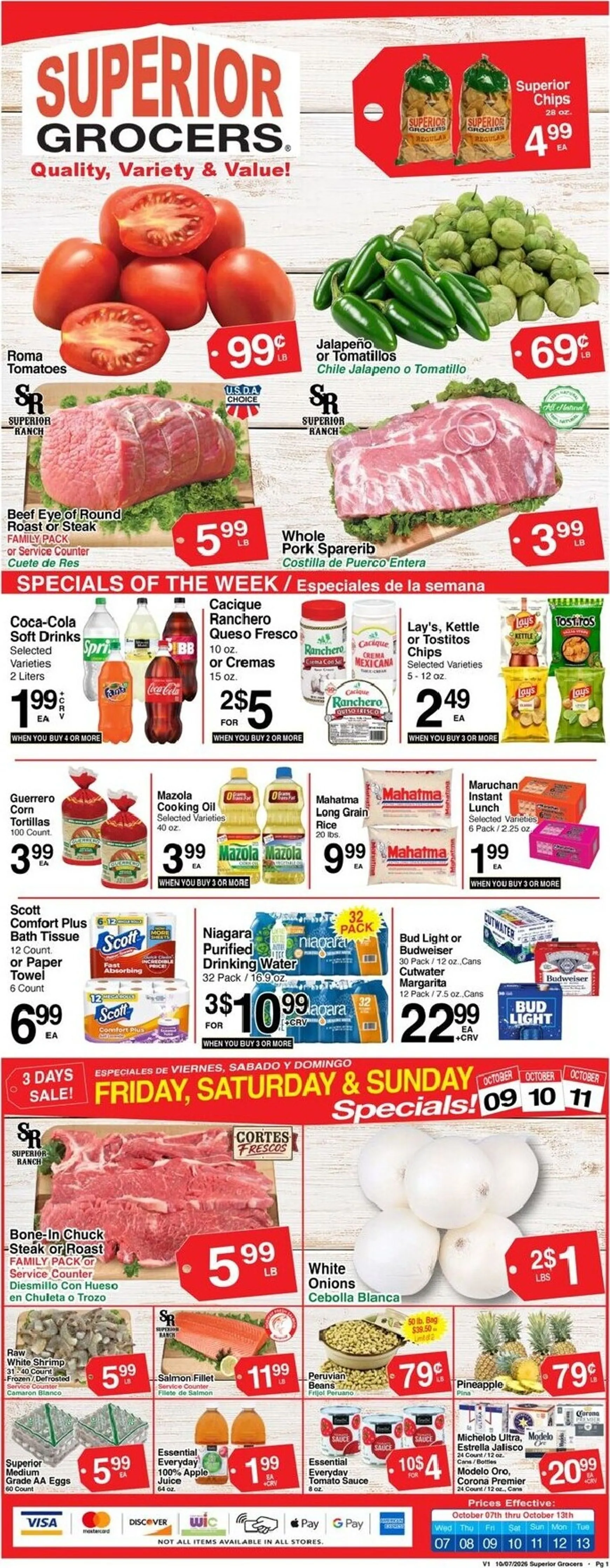 Weekly promotion Current Superior Grocers leaflet valid from Wednesday 10/07/2026 to Tuesday 10/13/2026 spanning from October 7 to October 13 2026 - Page 1 for Catalogue 365