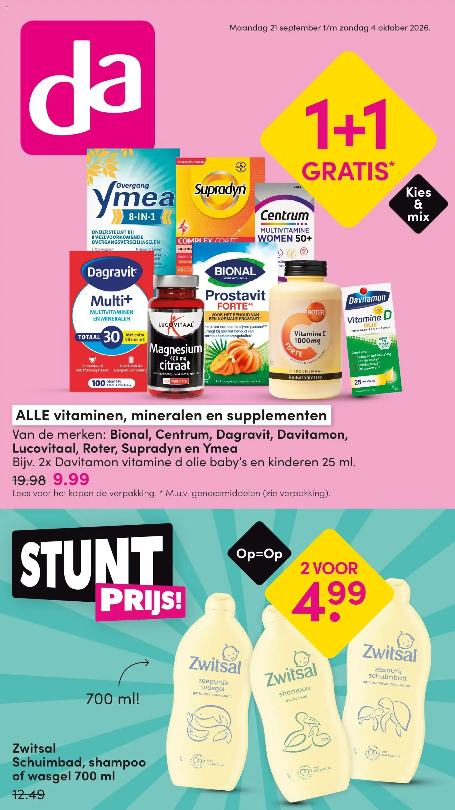 DA: Vitaminas, minerales y suplementos, y productos Zwitsal van 21 september tot 4 oktober 2026 - Folder pagina 1