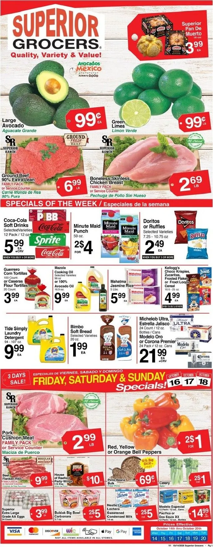 Current Superior Grocers leaflet valid from Wednesday 10/14/2026 to Tuesday 10/20/2026