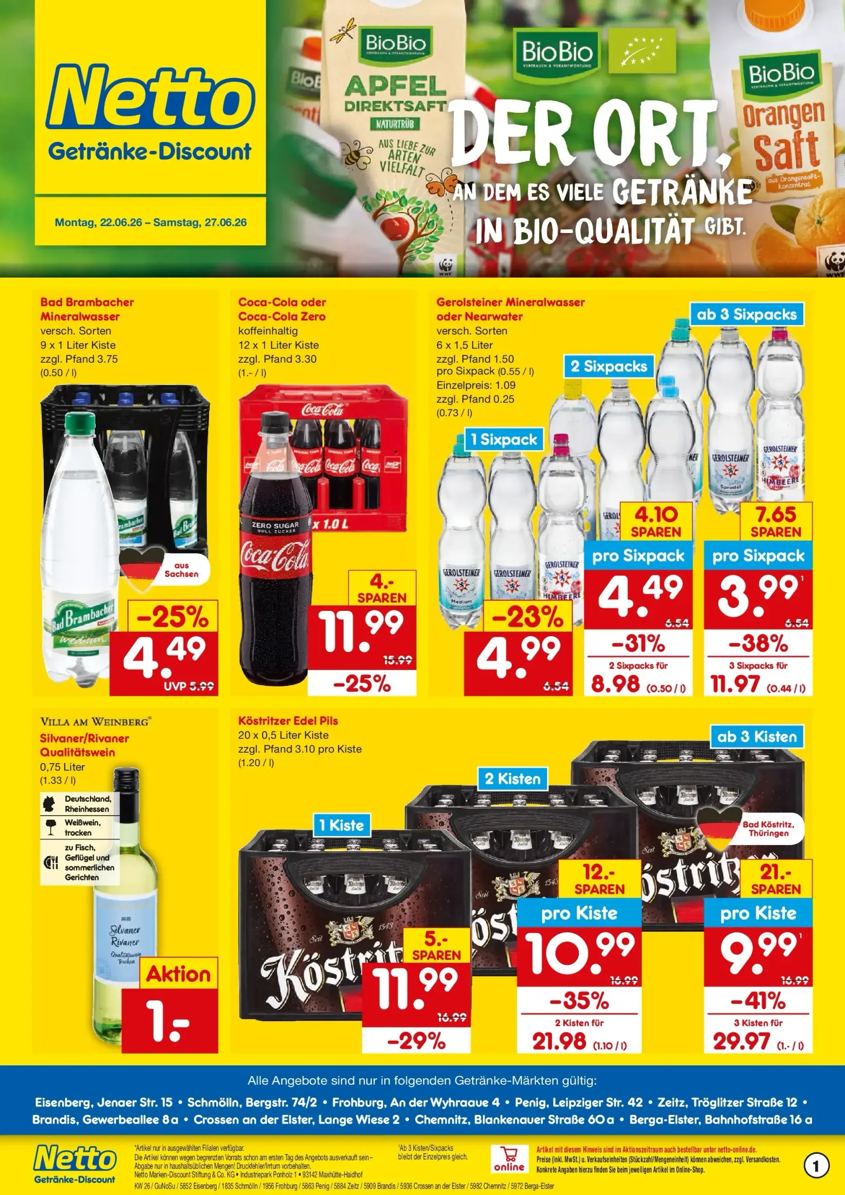 Netto Marken Discount - Eisenberg, Schmölln, Frohburg, Penig, Zeitz, Brandis, Crossen an der Elster, Chemnitz, Berga-Elster Prospekt – von Montag 22.06.2026 bis Samstag 27.06.2026 von 22. Juni bis 27. Juni 2026 - Prospekt seite 1